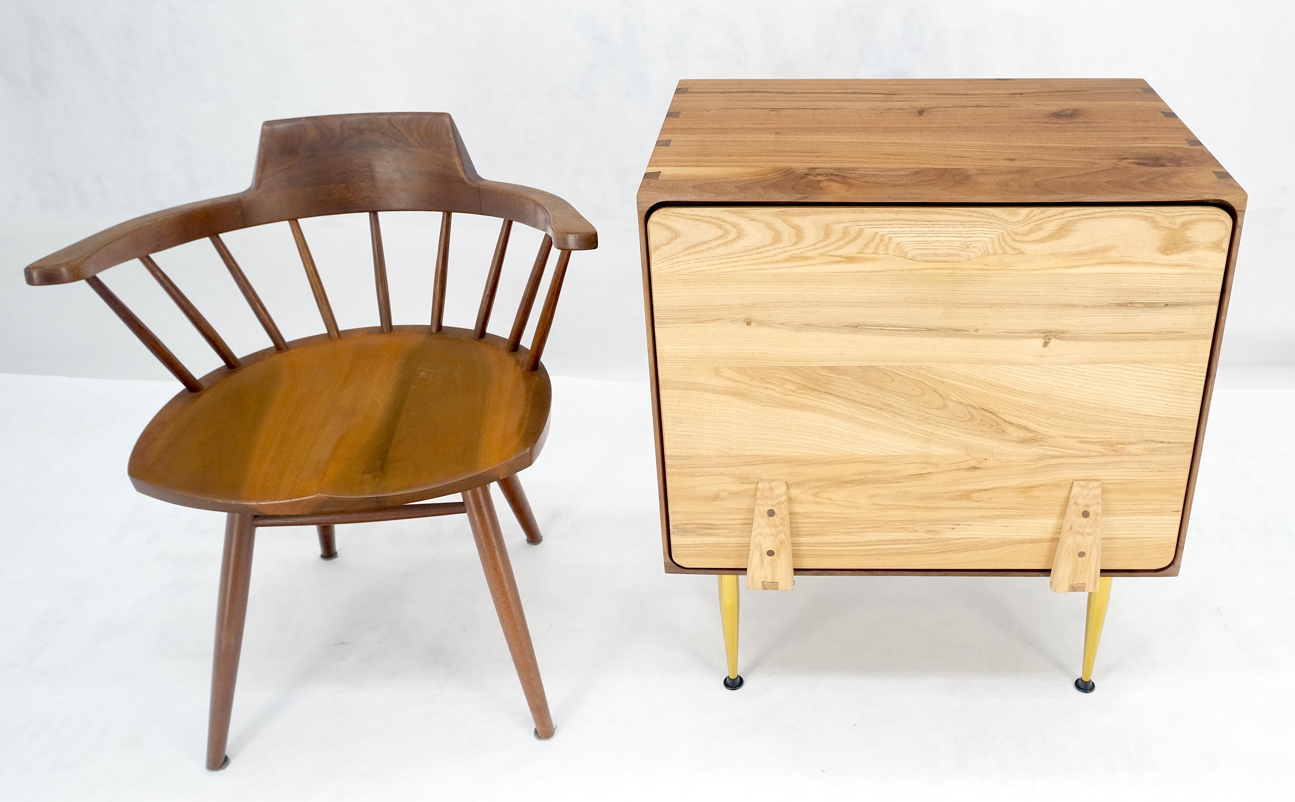 Mid-Century Modern Solid Oak & Walnut Tapered Brass Leg Dovetailed Design Drop Front End Side Table For Sale