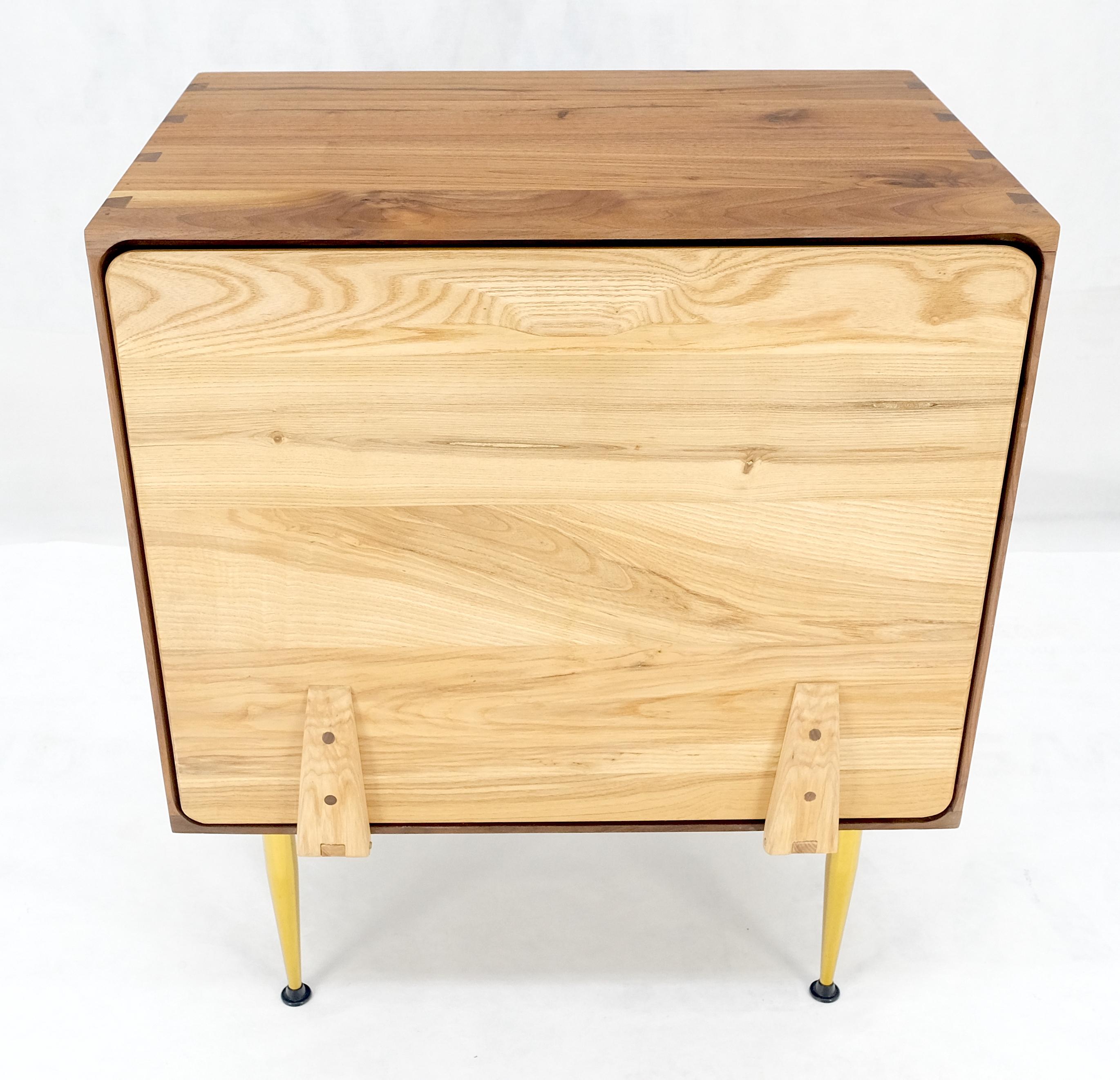 Lacquered Solid Oak & Walnut Tapered Brass Leg Dovetailed Design Drop Front End Side Table For Sale