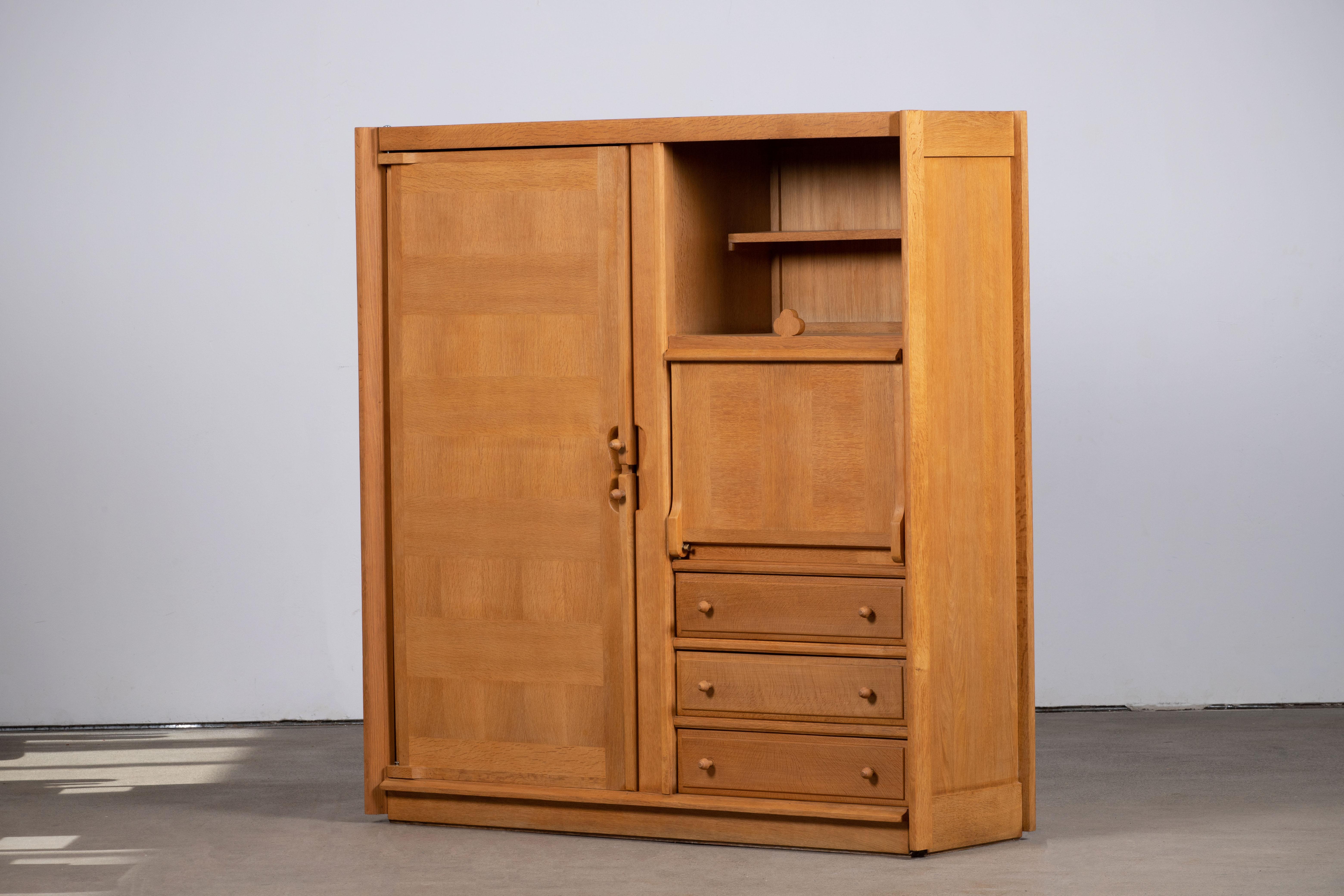 Solid Oak Wardrobe and Desk by Guillerme et Chambron, Edition Votre Maison For Sale 1