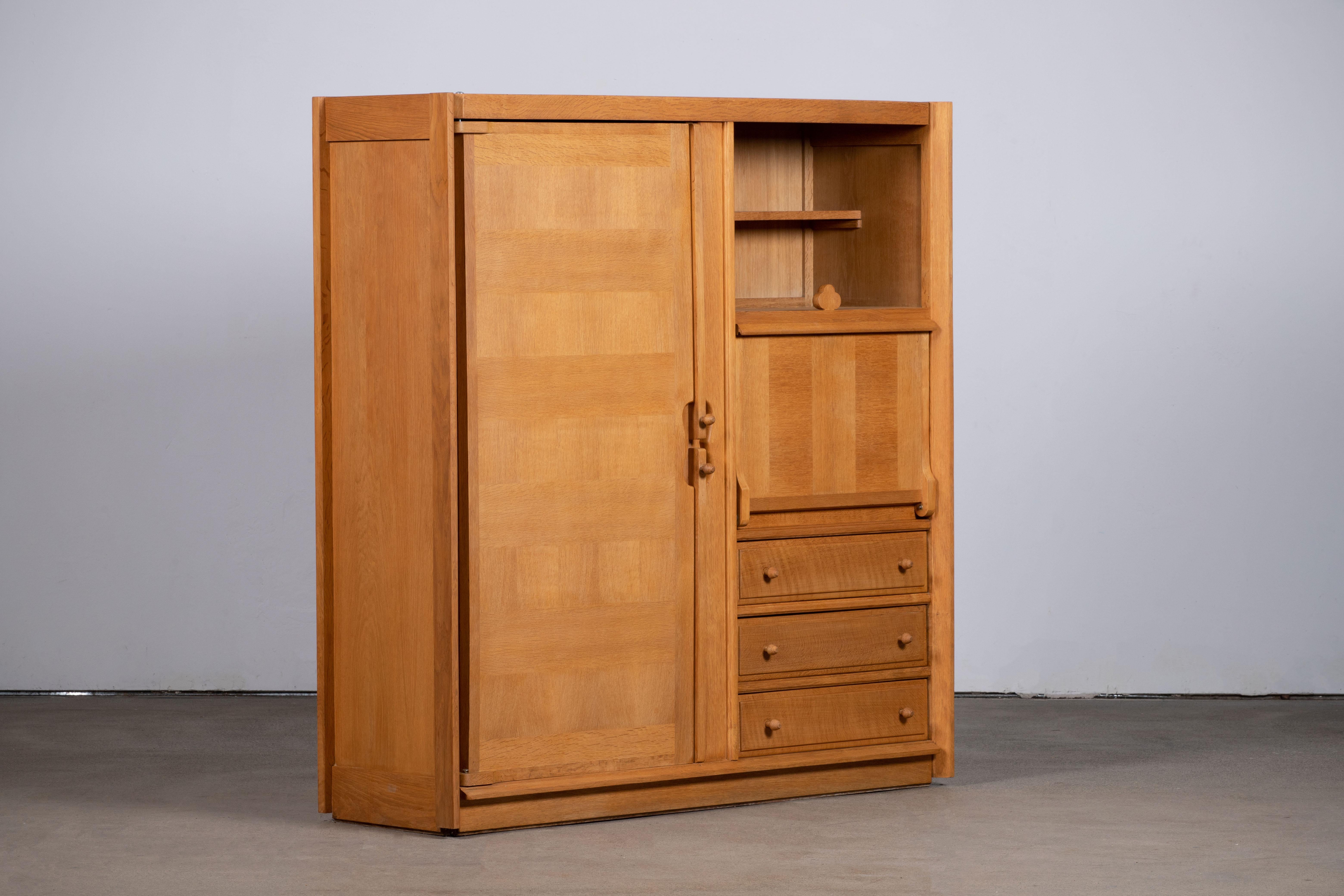 20th Century Solid Oak Wardrobe and Desk by Guillerme et Chambron, Edition Votre Maison