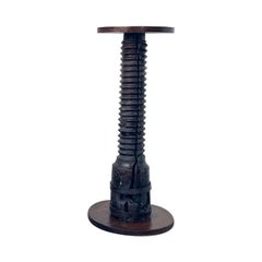 Solid oak wine press screw pedestal, metal base, 19th century