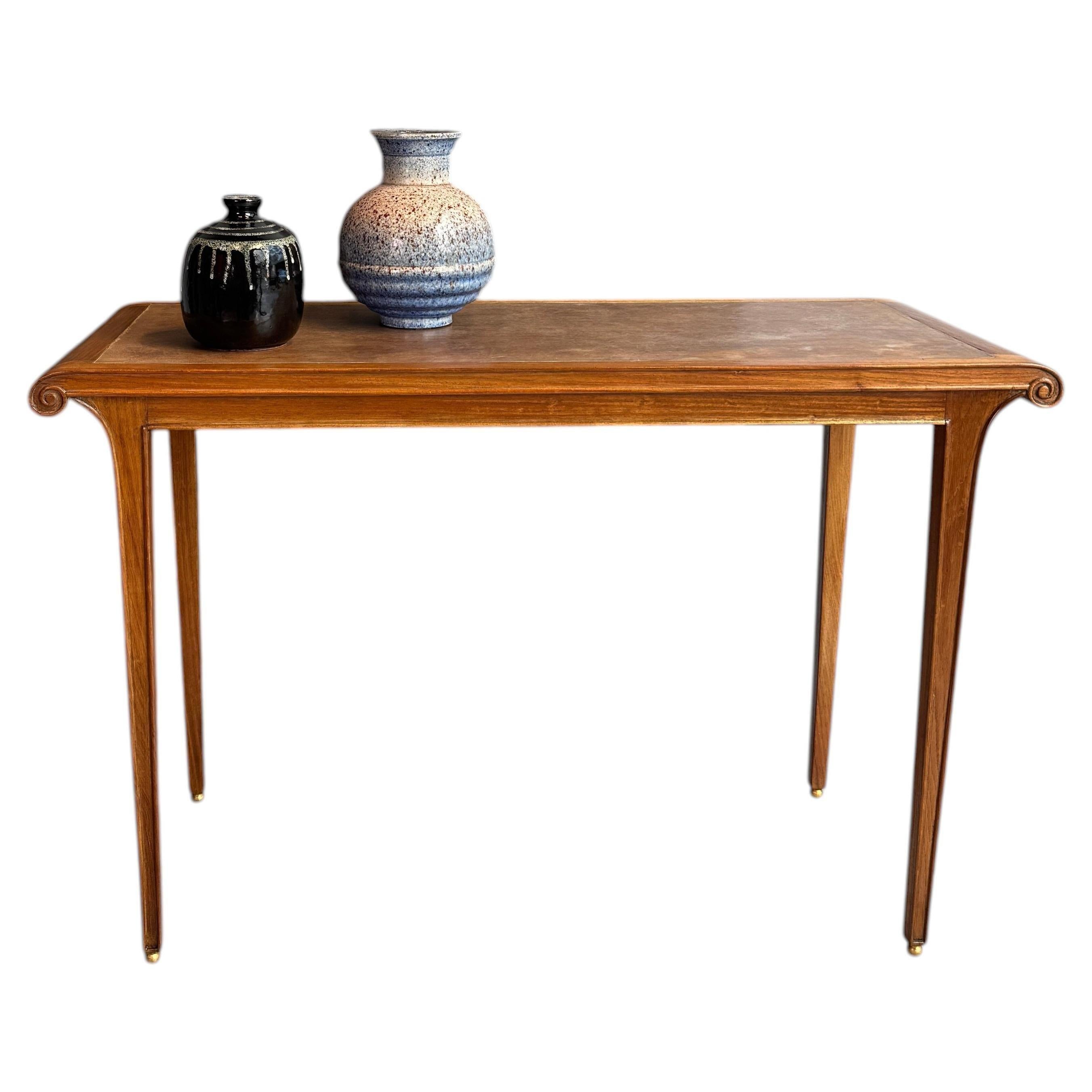 Solid Oak Wood Console Table With Parchment-Covered Top For Sale