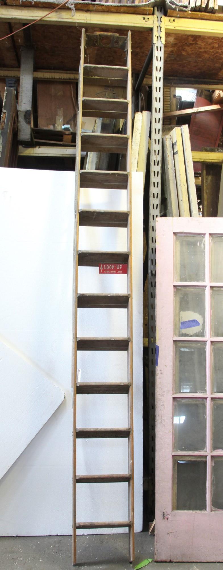Industrial Solid Oak Wood Library Ladder with Wood Handrail