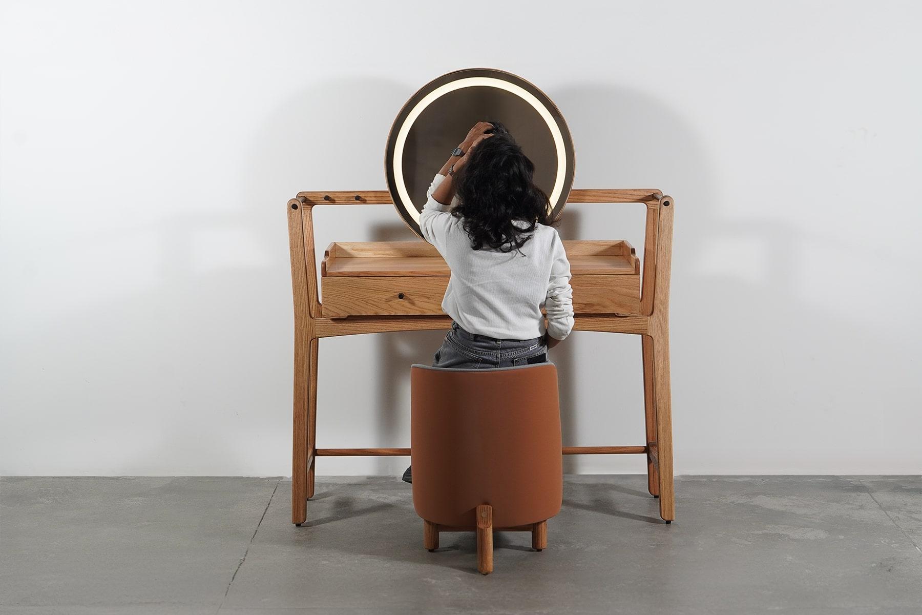 Mid-Century Modern Solid oak wood vanity desk table with mirror LED light touch sensor and storage For Sale