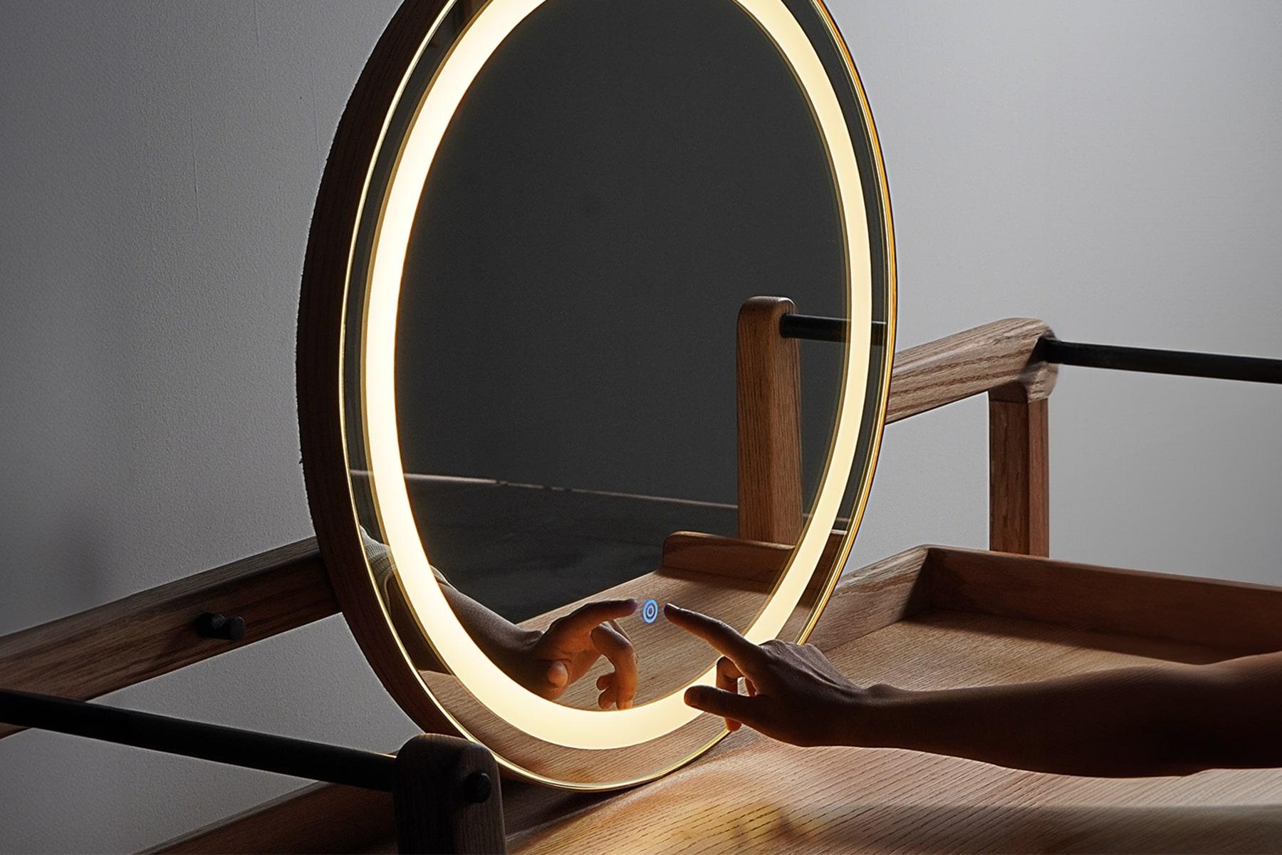 Solid oak wood vanity desk table with mirror LED light touch sensor and storage In New Condition For Sale In Hyderabad, TG