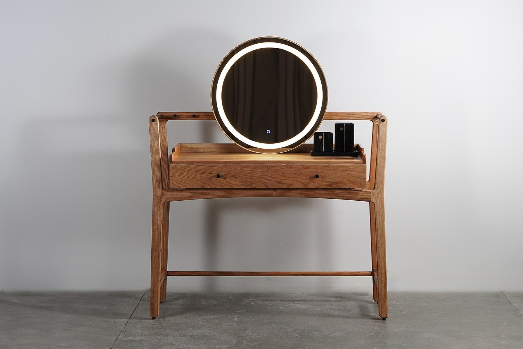 Contemporary Solid oak wood vanity desk table with mirror LED light touch sensor and storage For Sale
