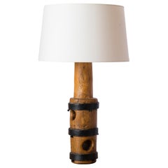 Solid Oak 
Wrought Iron Brutalist Table Lamp - France 1970s