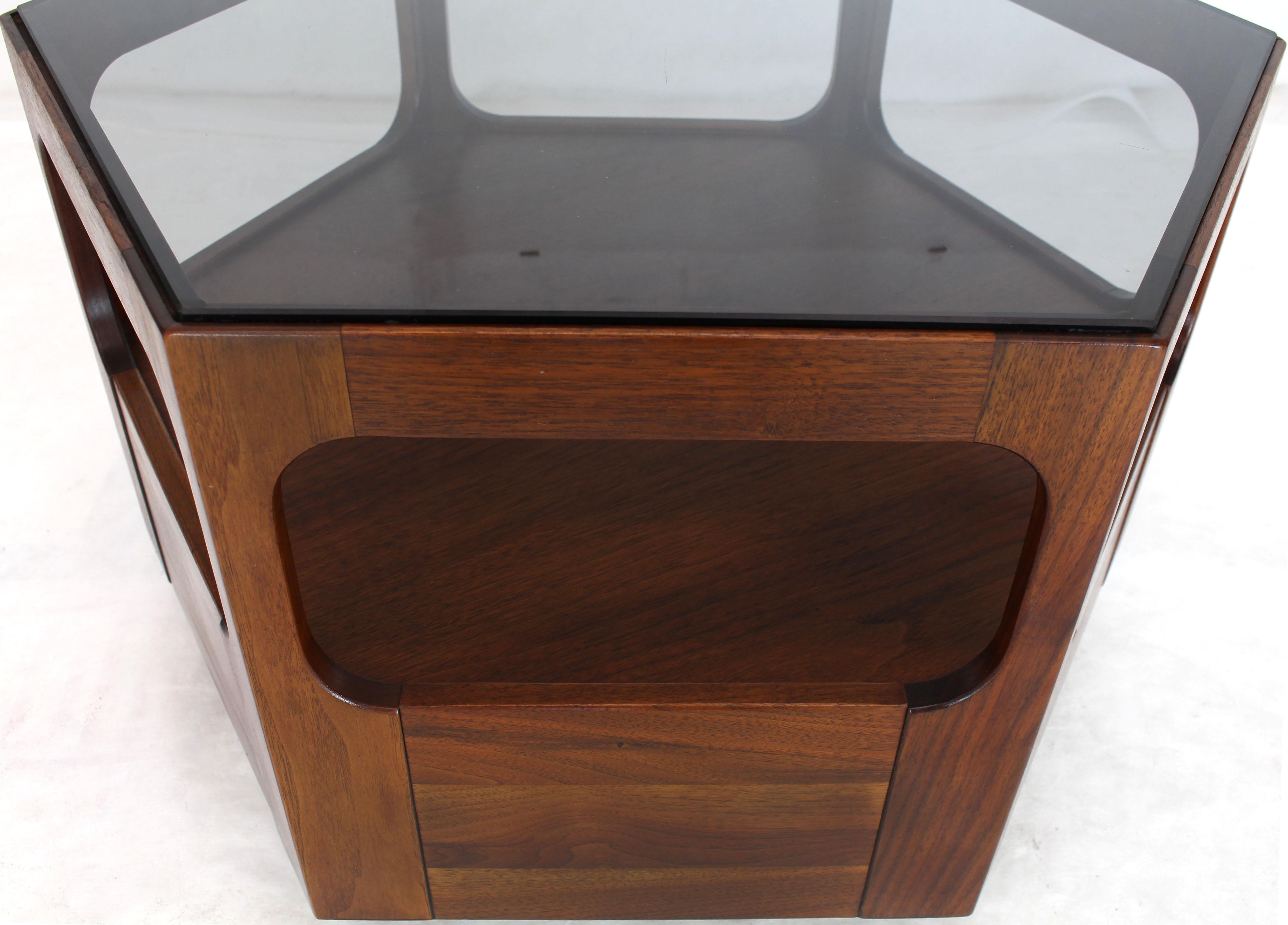 Mid-Century Modern Solid Oiled Walnut Fitted Smoked Glass Top Hexagon Center Side End Table