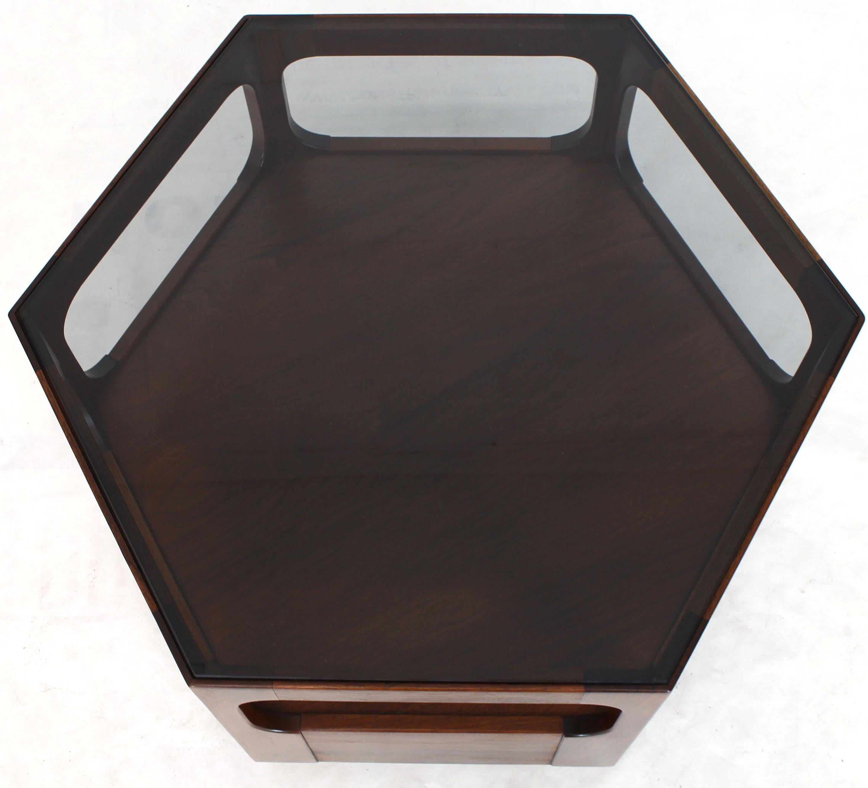 Solid Oiled Walnut Fitted Smoked Glass Top Hexagon Center Side End Table In Excellent Condition In Rockaway, NJ