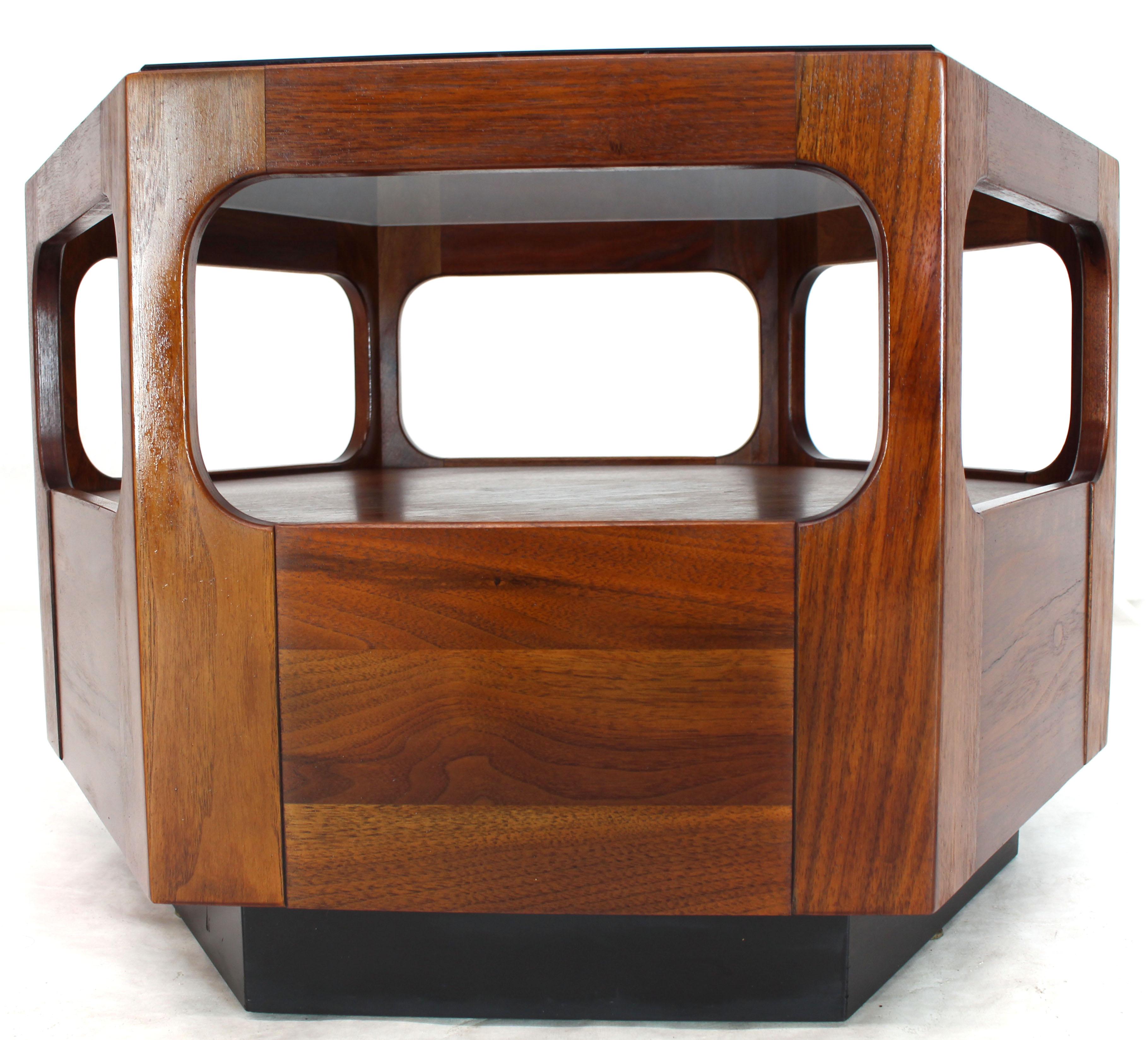 Solid Oiled Walnut Fitted Smoked Glass Top Hexagon Center Side End Table 1