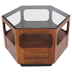 Solid Oiled Walnut Fitted Smoked Glass Top Hexagon Center Side End Table