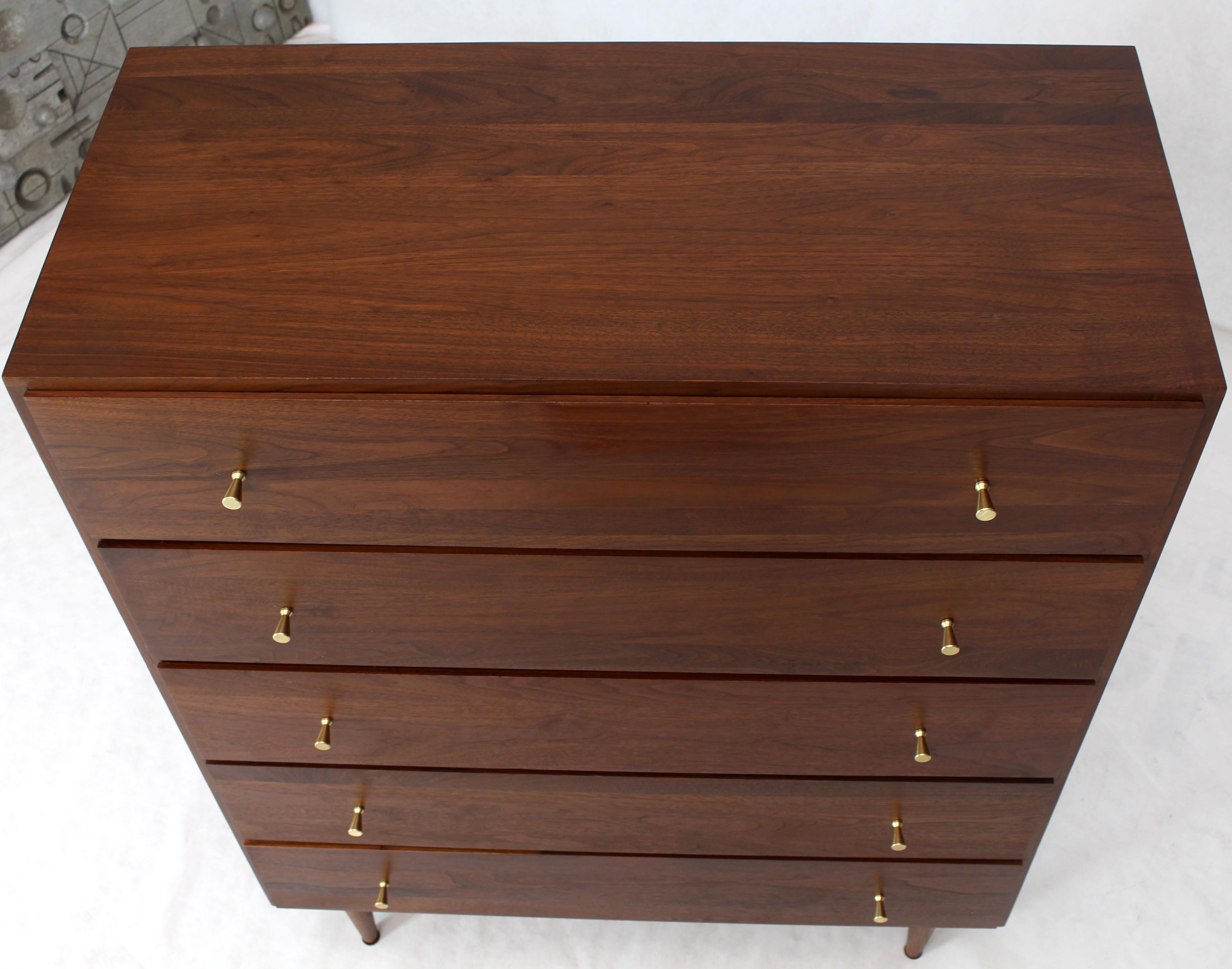 Solid Oiled Walnut Five-Drawer High Chest Dresser with Solid Brass Cone Pulls 5