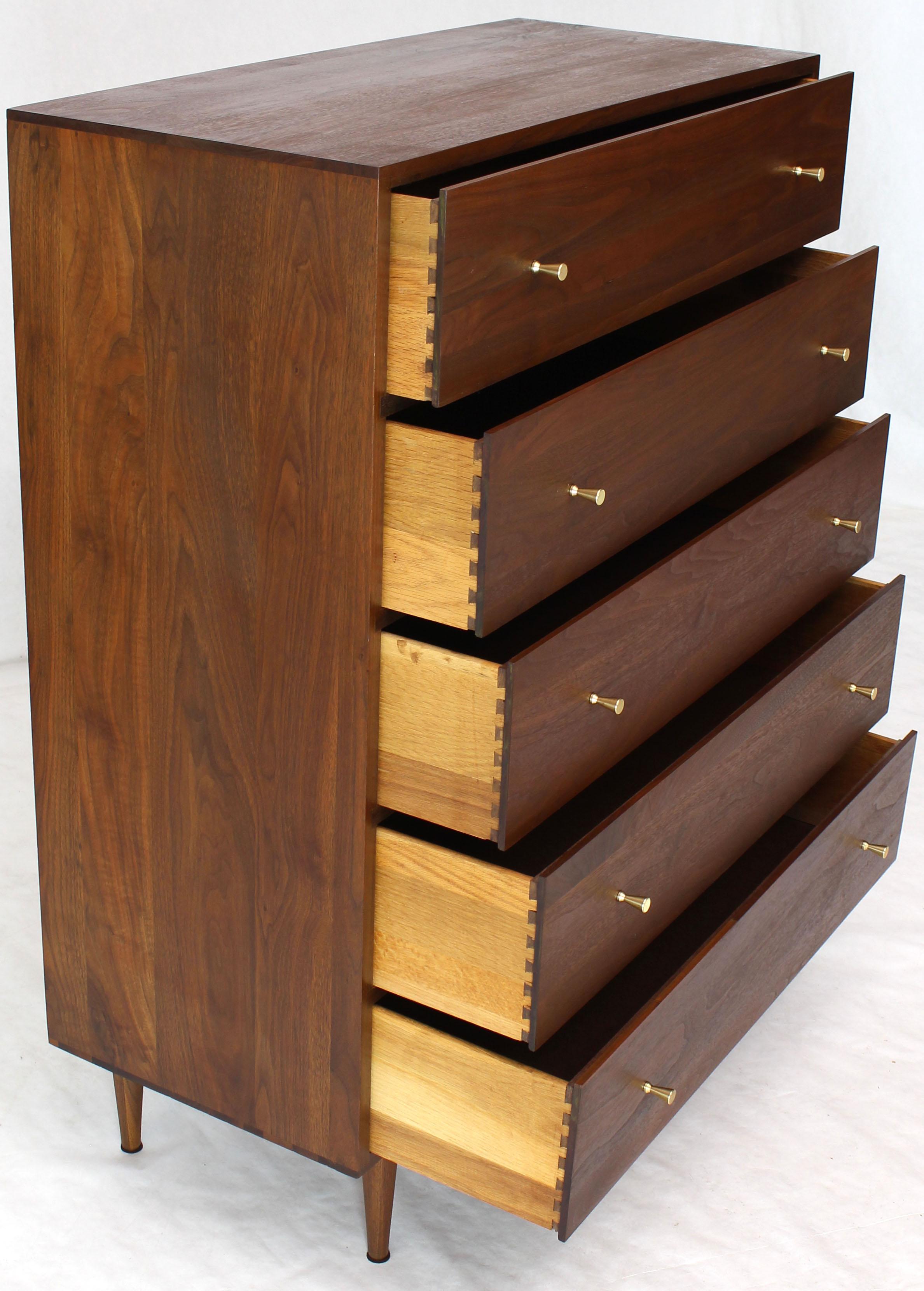 Solid Oiled Walnut Five-Drawer High Chest Dresser with Solid Brass Cone Pulls 6