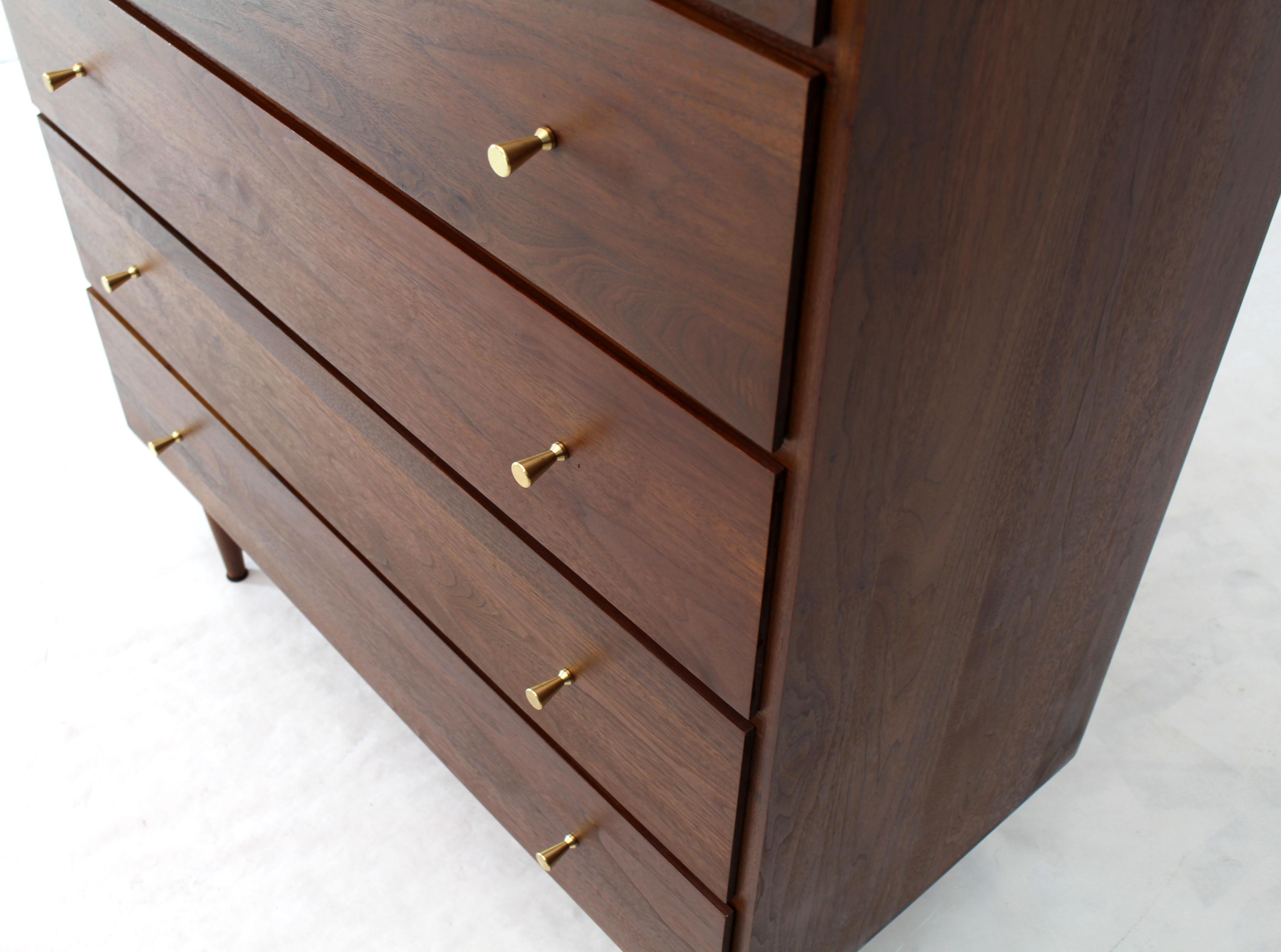 Mid-Century Modern Solid Oiled Walnut Five-Drawer High Chest Dresser with Solid Brass Cone Pulls