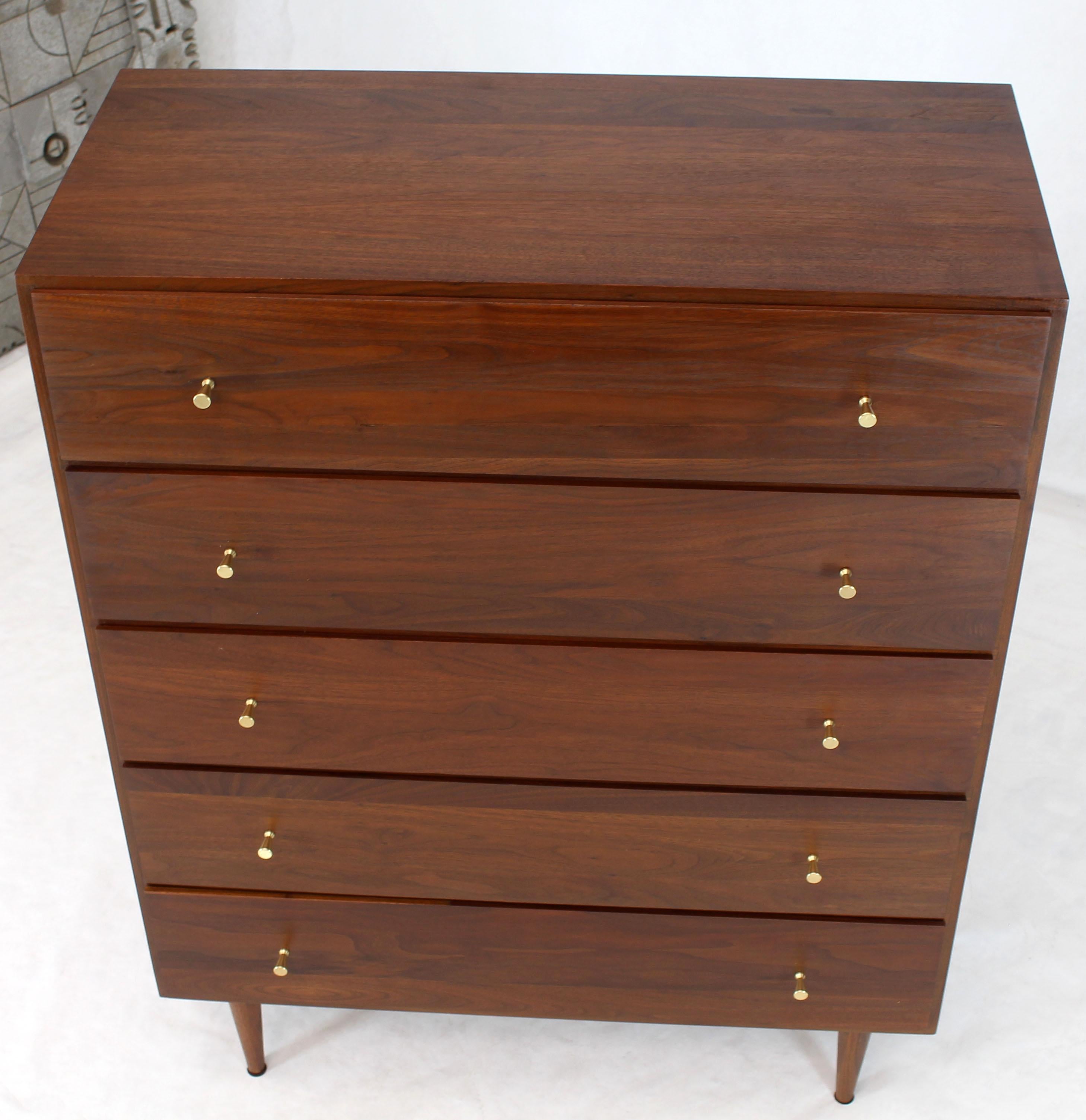 American Solid Oiled Walnut Five-Drawer High Chest Dresser with Solid Brass Cone Pulls