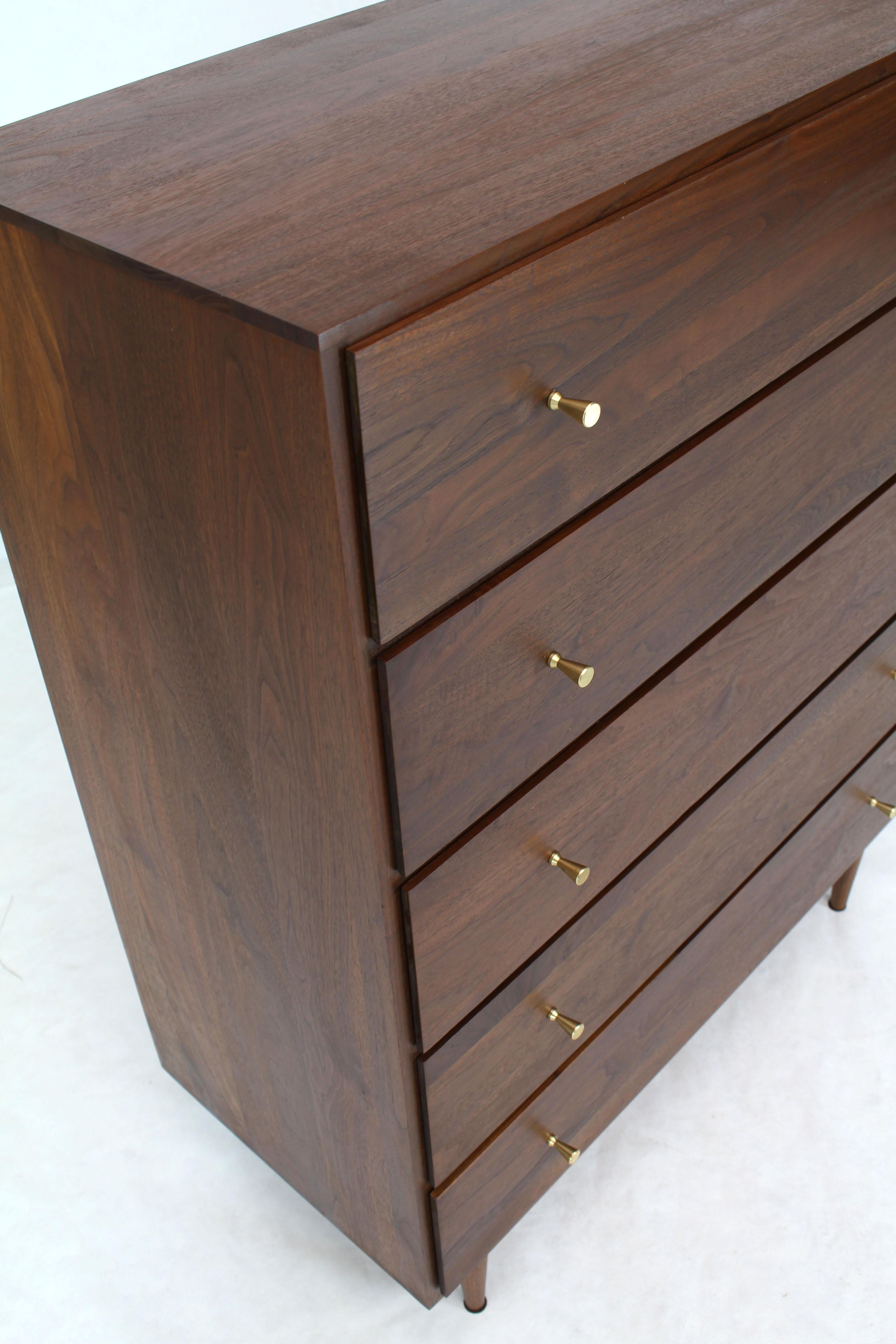 Solid Oiled Walnut Five-Drawer High Chest Dresser with Solid Brass Cone Pulls In Excellent Condition In Rockaway, NJ