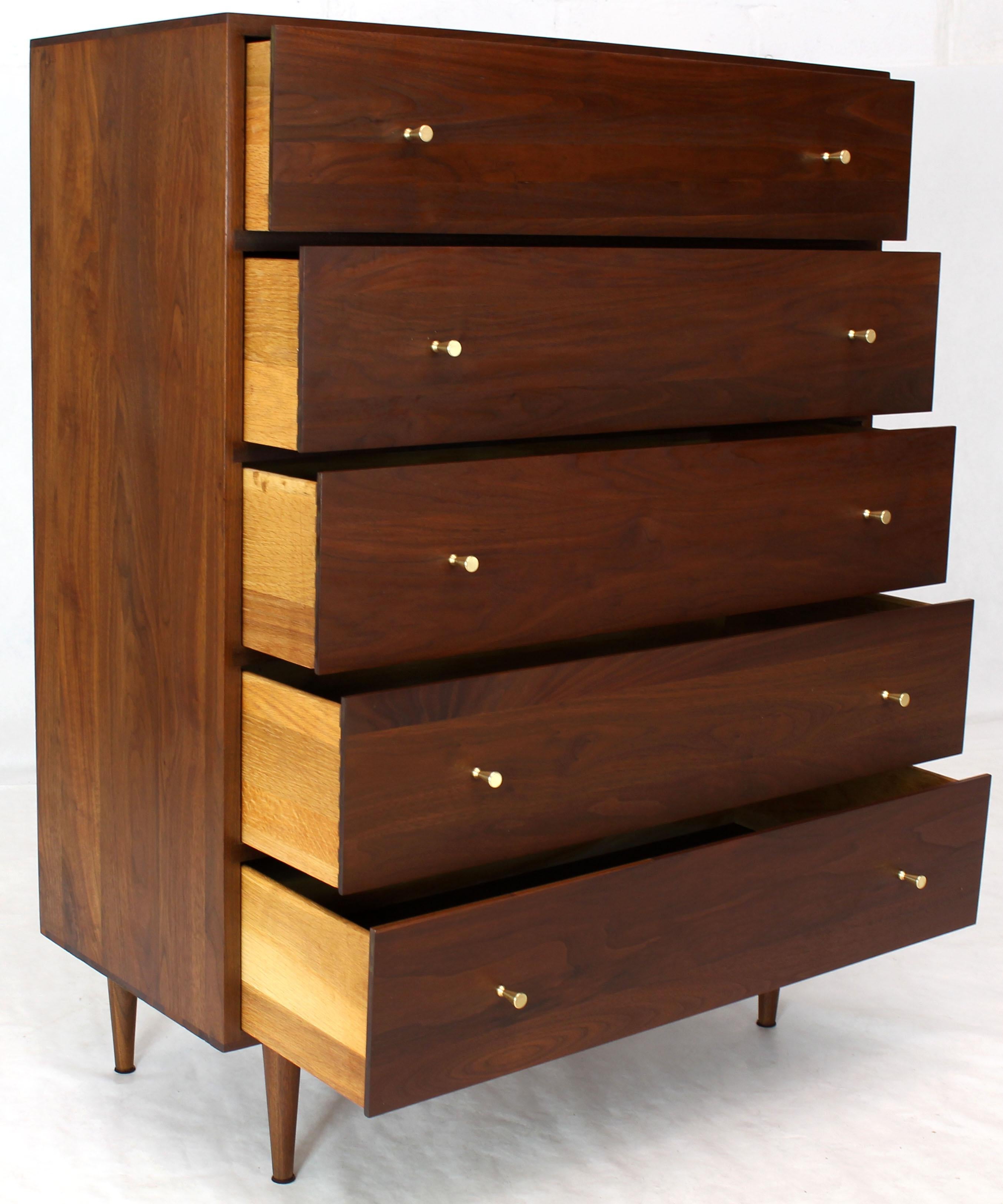 20th Century Solid Oiled Walnut Five-Drawer High Chest Dresser with Solid Brass Cone Pulls