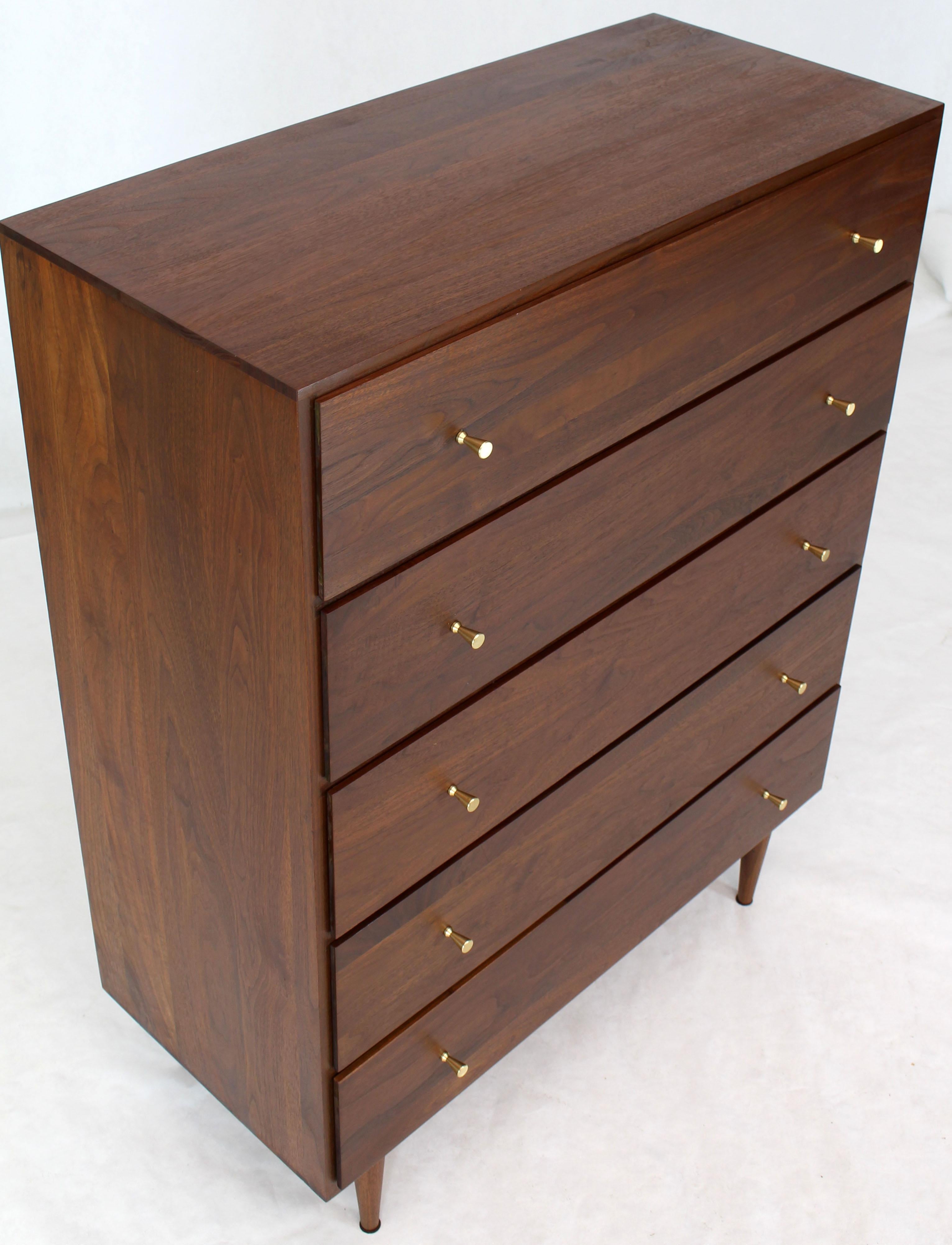 Solid Oiled Walnut Five-Drawer High Chest Dresser with Solid Brass Cone Pulls 1