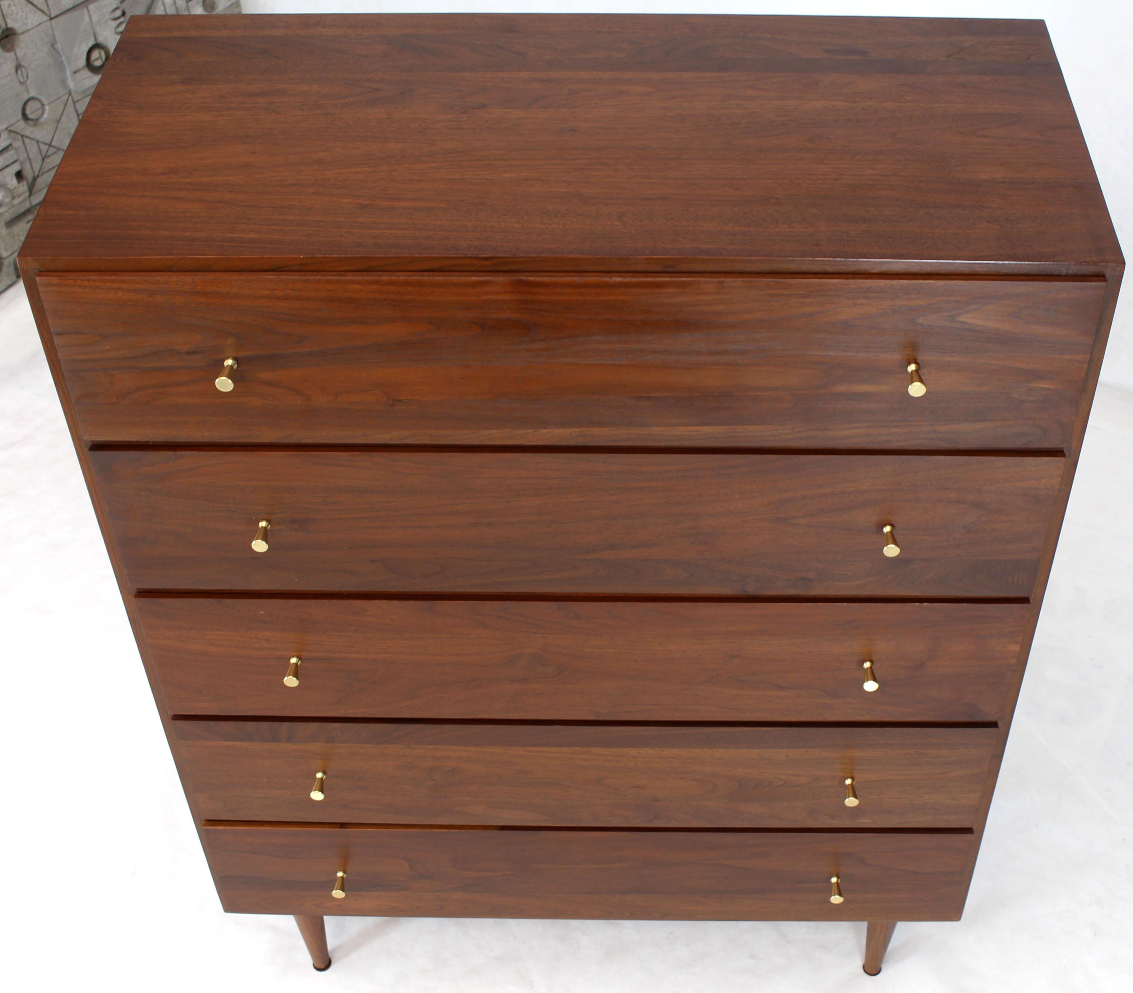 Solid Oiled Walnut Five-Drawer High Chest Dresser with Solid Brass Cone Pulls 2