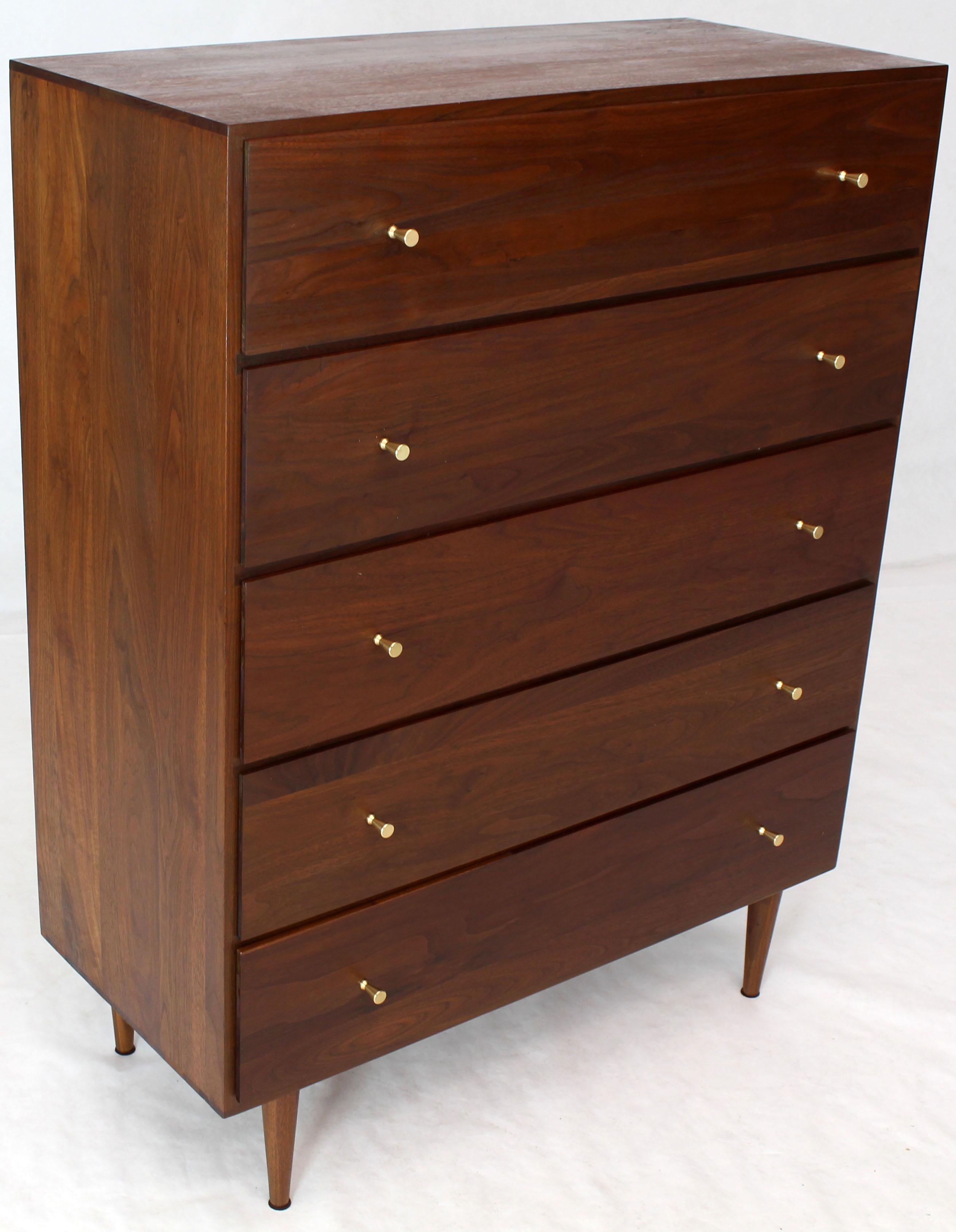 Solid Oiled Walnut Five-Drawer High Chest Dresser with Solid Brass Cone Pulls 3