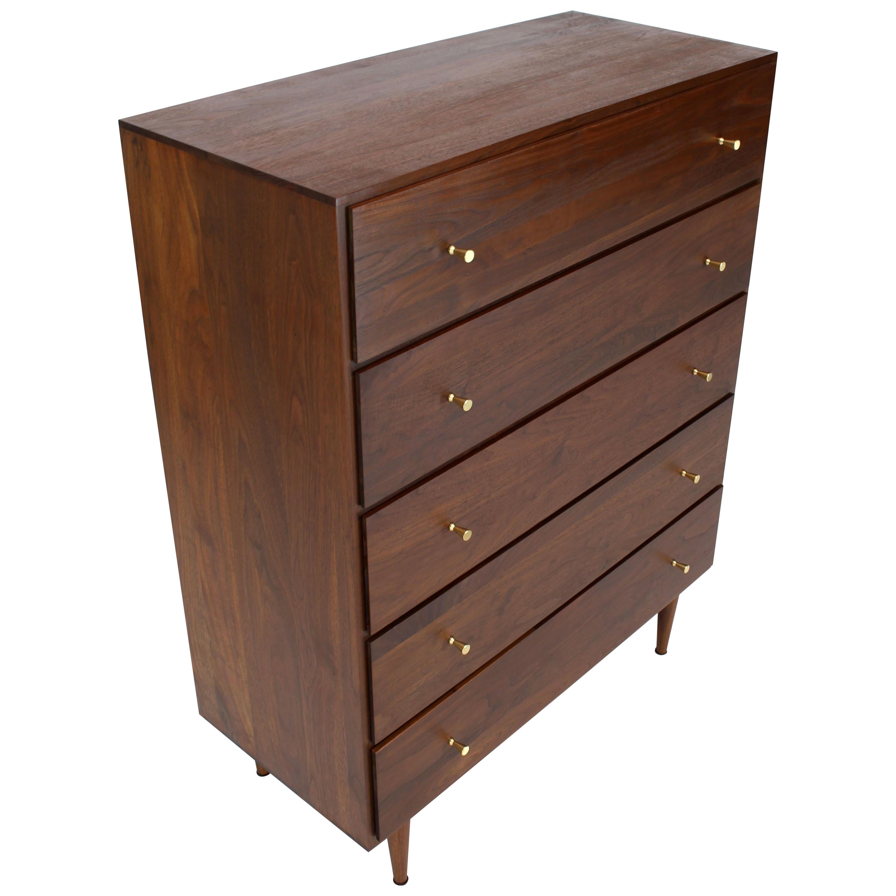 Solid Oiled Walnut Five-Drawer High Chest Dresser with Solid Brass Cone Pulls