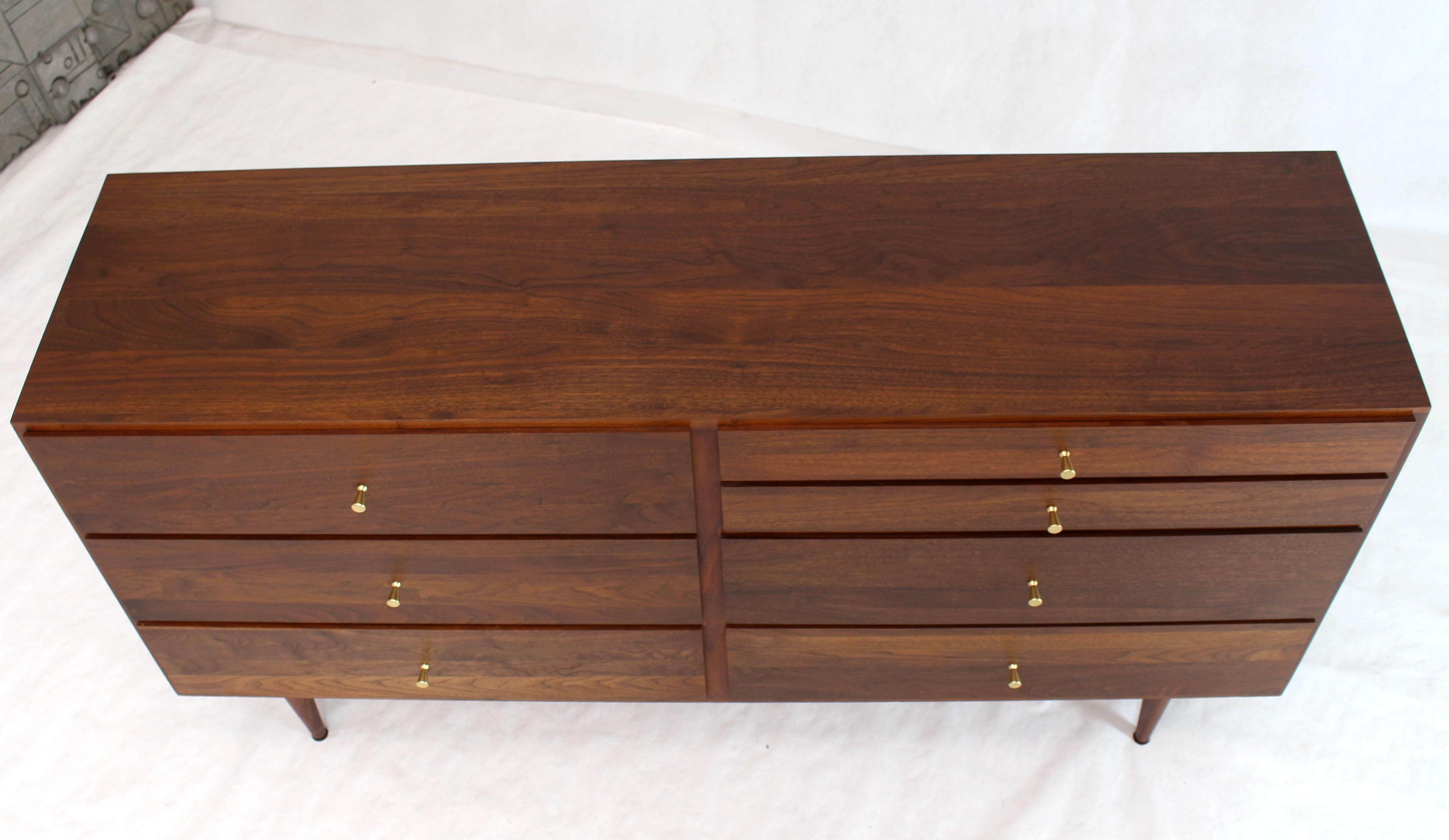 Solid Oiled Walnut Seven Drawers Double Dresser Brass Pulls Tapered Legs 4