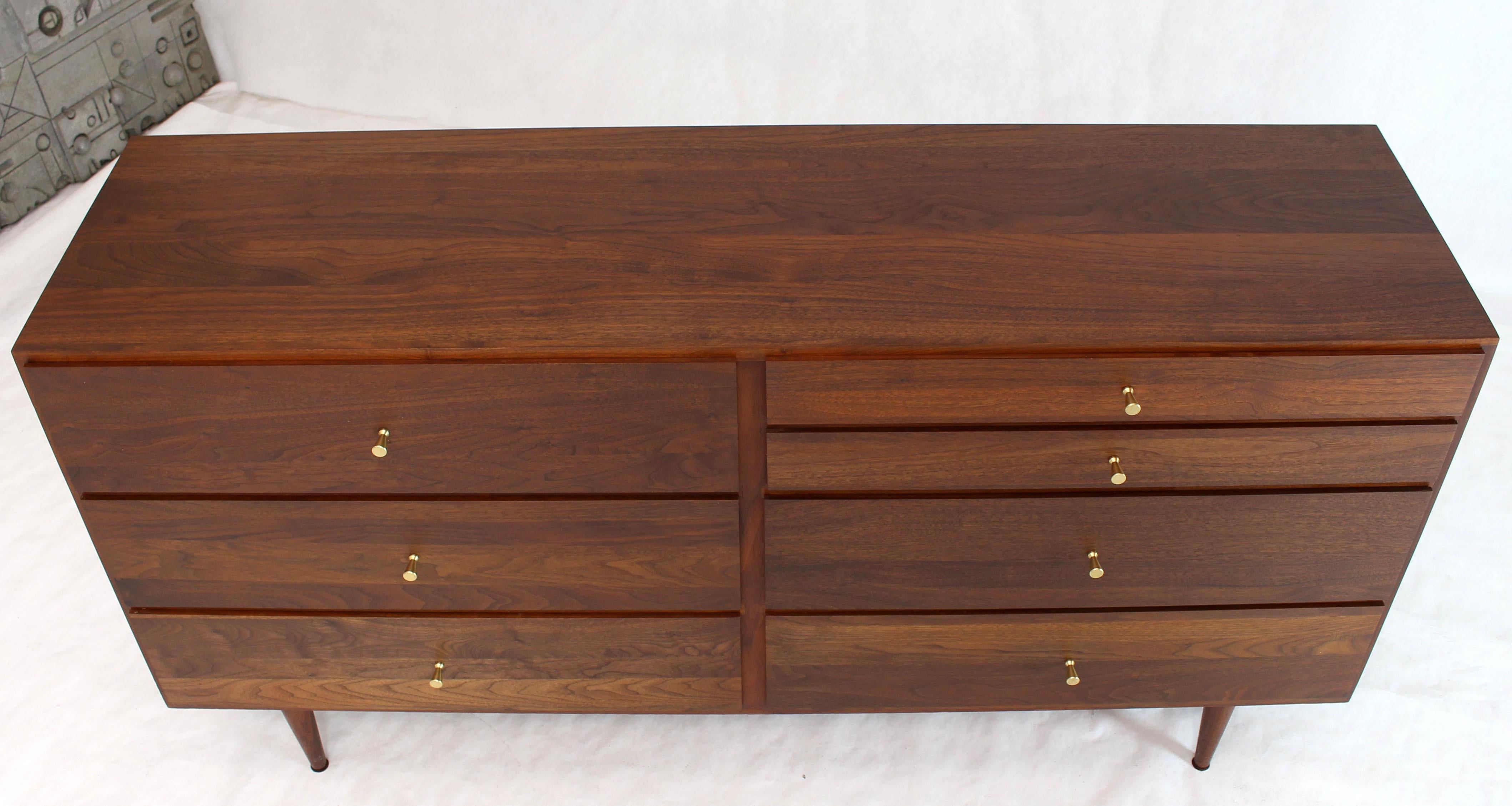 Solid Oiled Walnut Seven Drawers Double Dresser Brass Pulls Tapered Legs 5