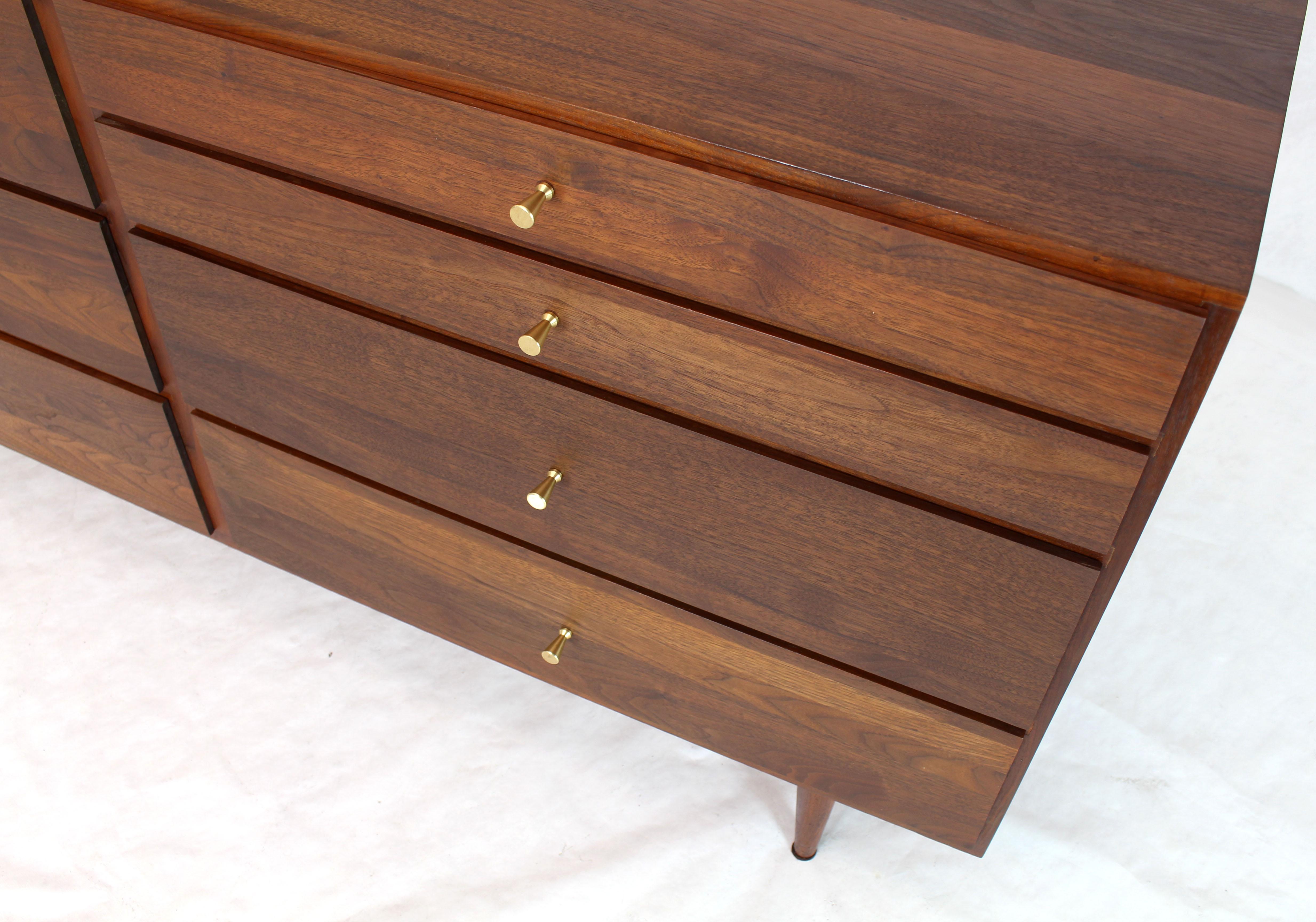 Mid-Century Modern Solid Oiled Walnut Seven Drawers Double Dresser Brass Pulls Tapered Legs