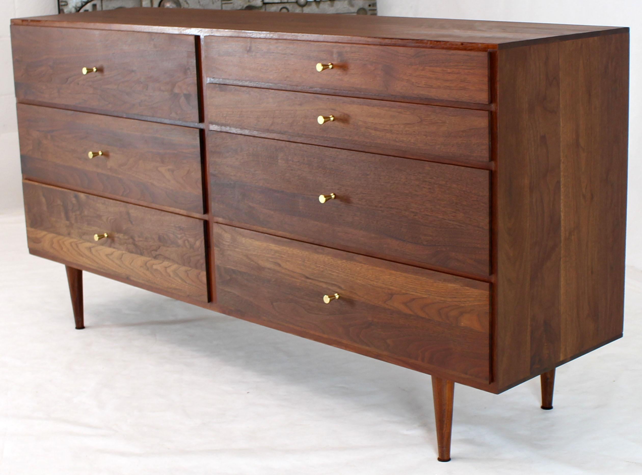 20th Century Solid Oiled Walnut Seven Drawers Double Dresser Brass Pulls Tapered Legs