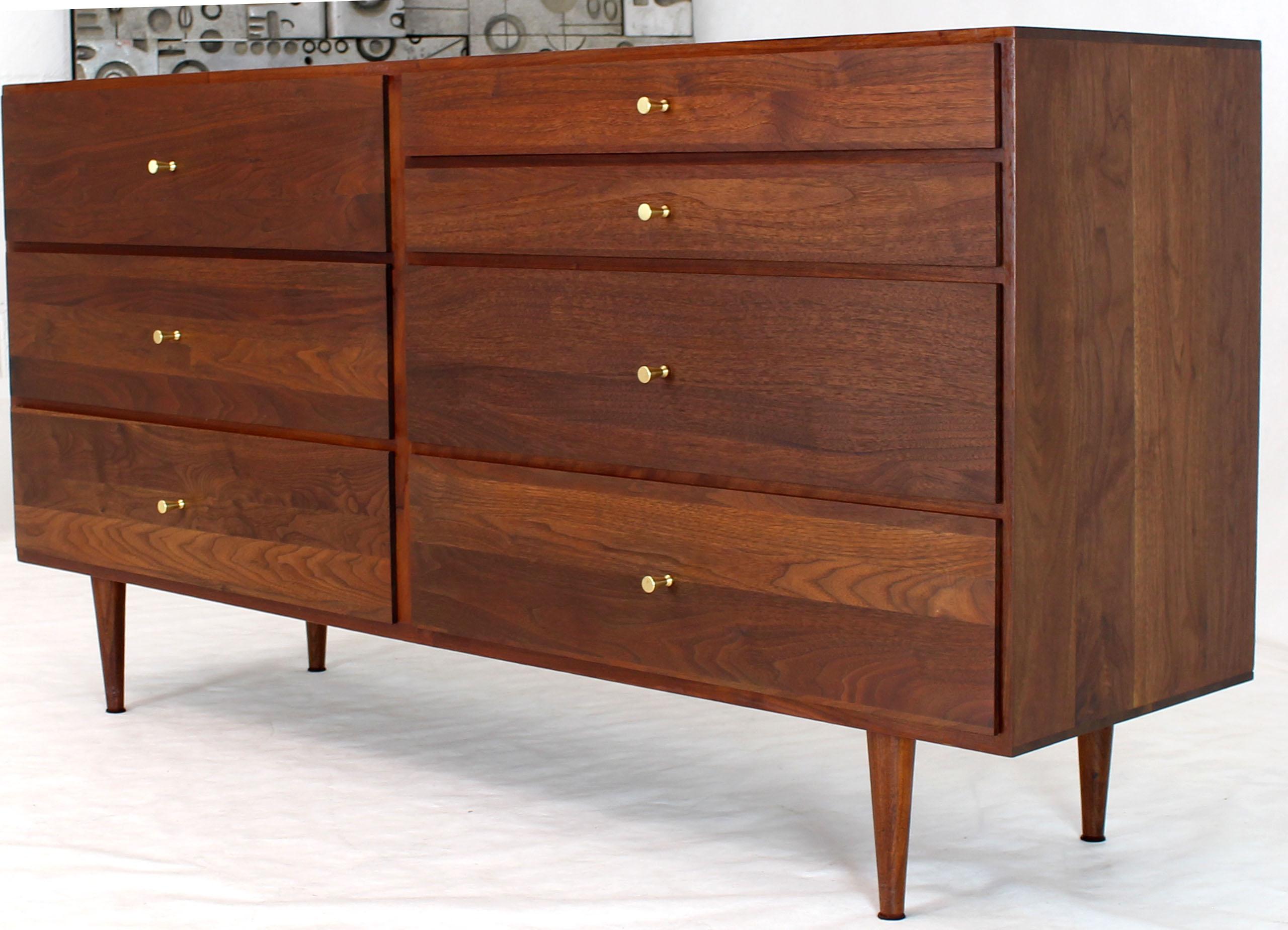 Solid Oiled Walnut Seven Drawers Double Dresser Brass Pulls Tapered Legs 1