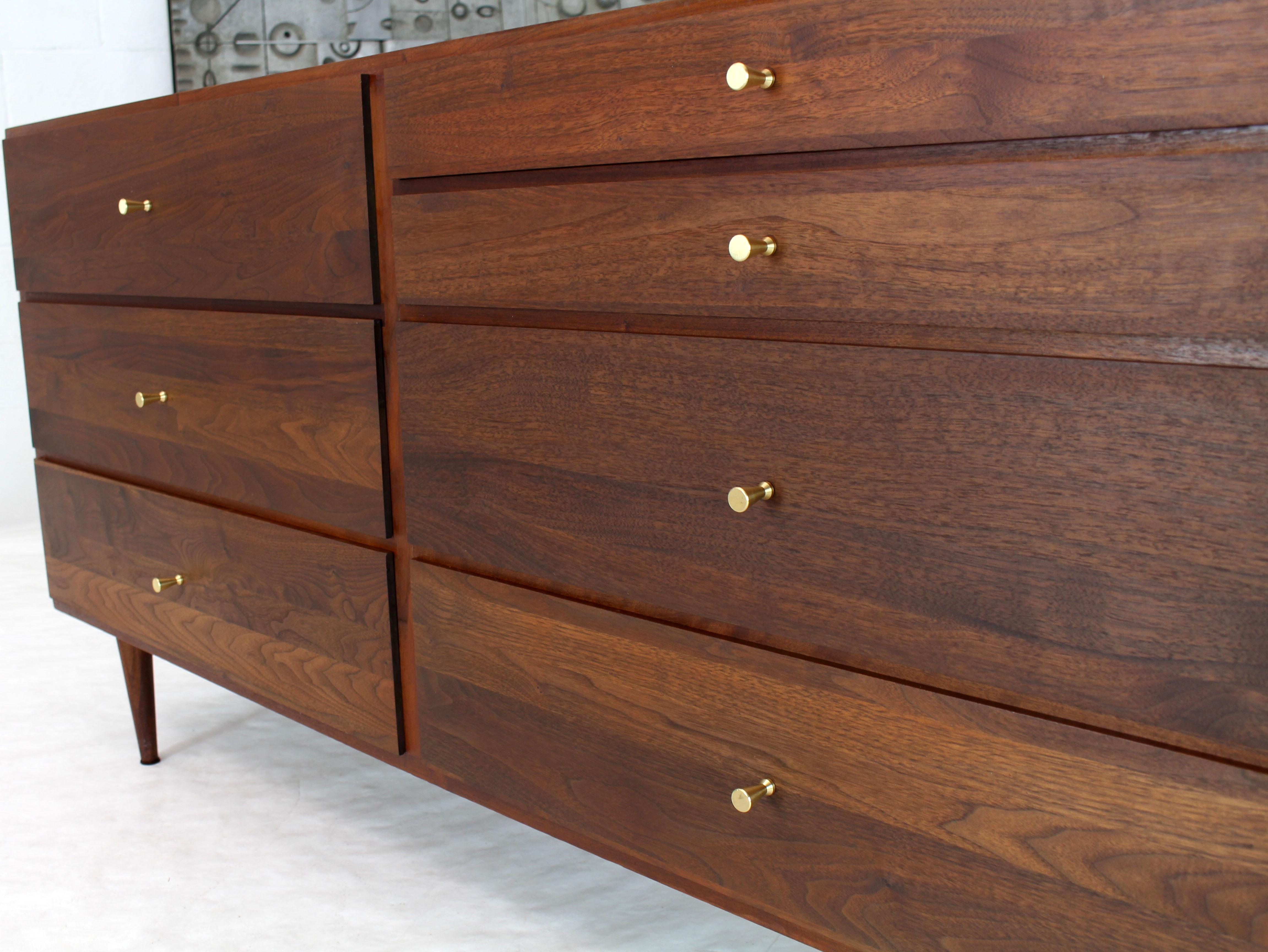 Solid Oiled Walnut Seven Drawers Double Dresser Brass Pulls Tapered Legs 2