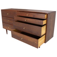 Solid Oiled Walnut Seven Drawers Double Dresser Brass Pulls Tapered Legs