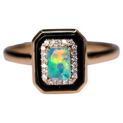 Solid Opal Black Agate Halo Diamond Engagement Ring 18K Yellow Gold