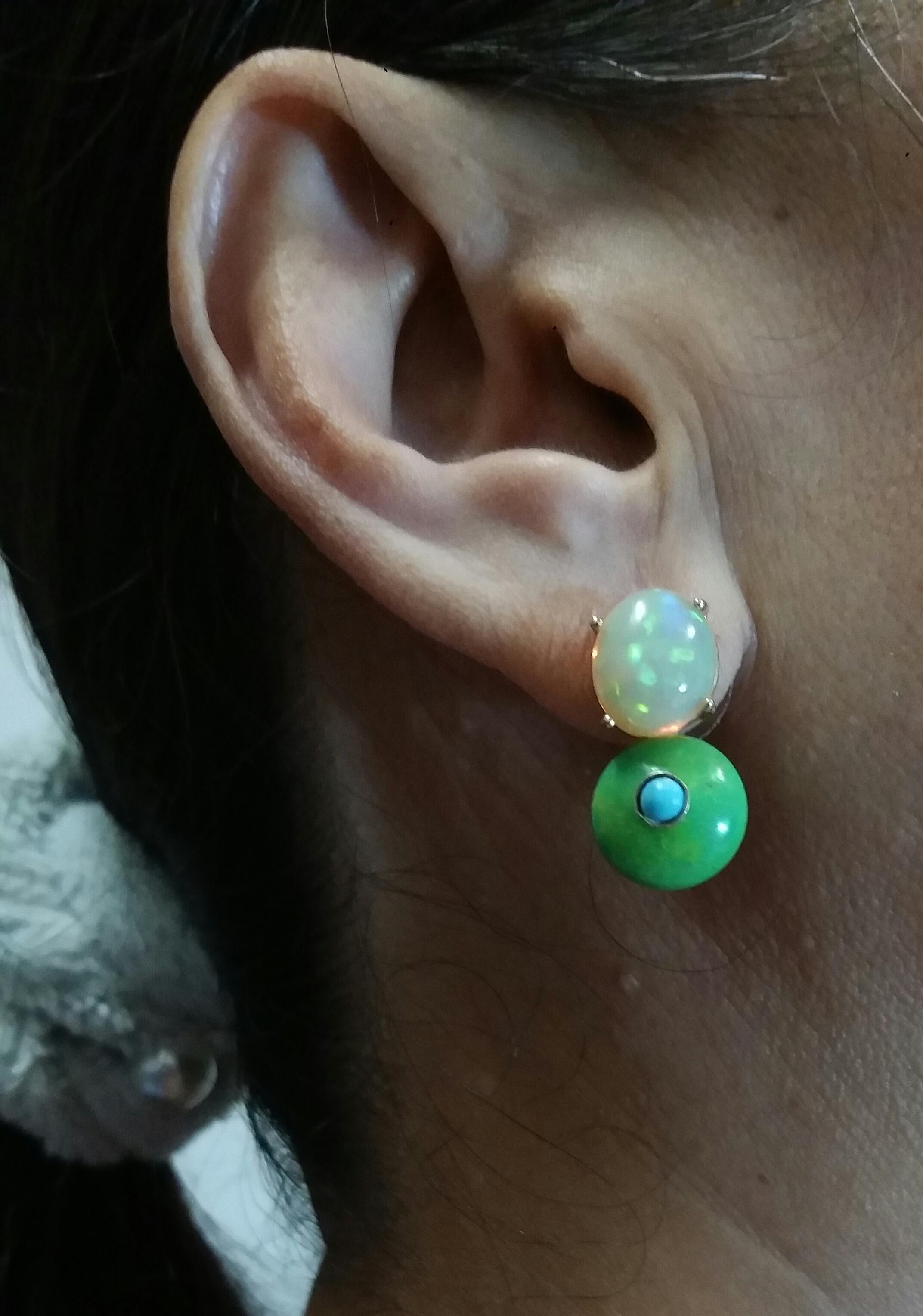 Solid Opal Cabochons Turkmenistan Green Turquoise Blue Turquoise Gold Earrings 3