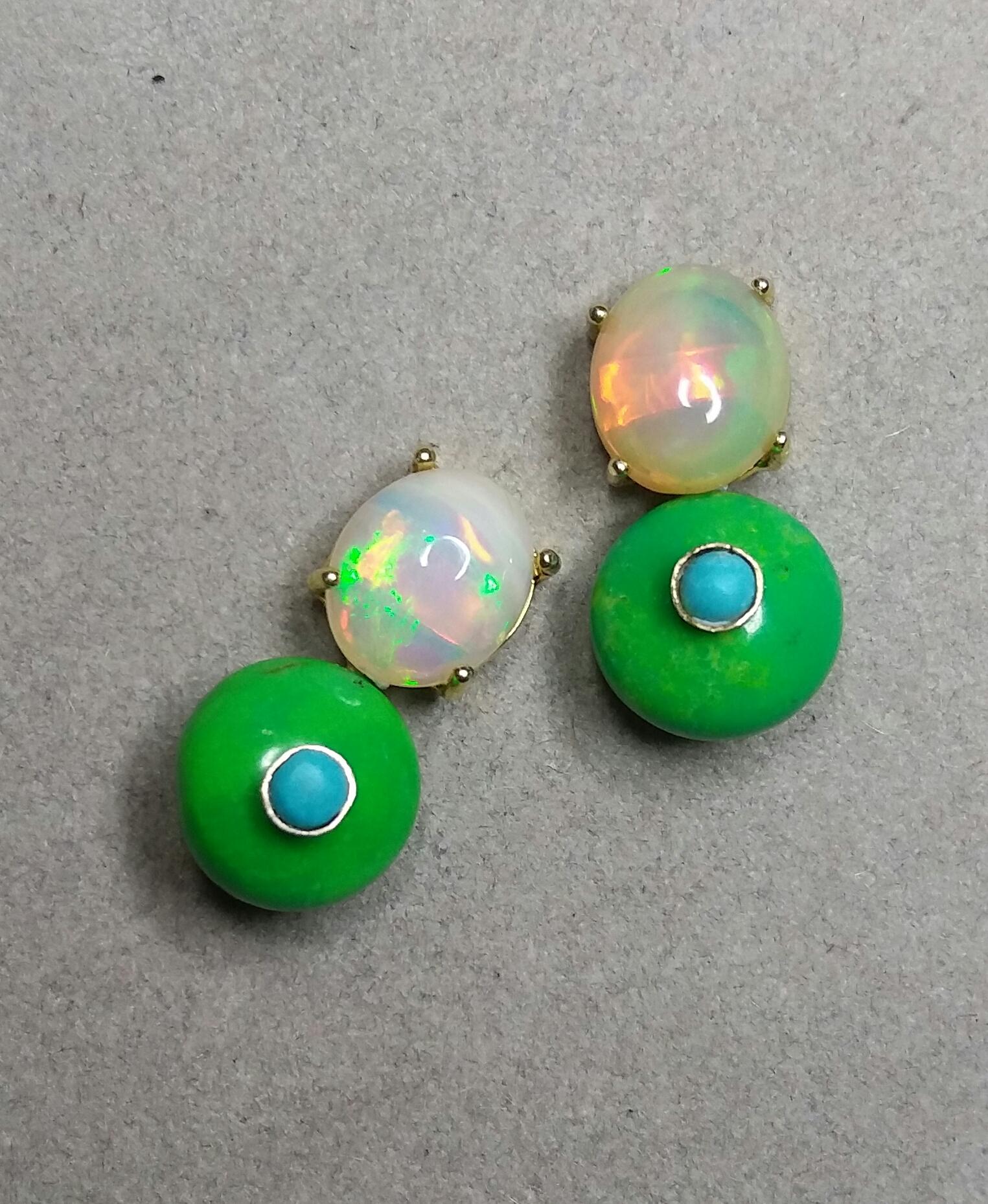 Contemporary Solid Opal Cabochons Turkmenistan Green Turquoise Blue Turquoise Gold Earrings For Sale