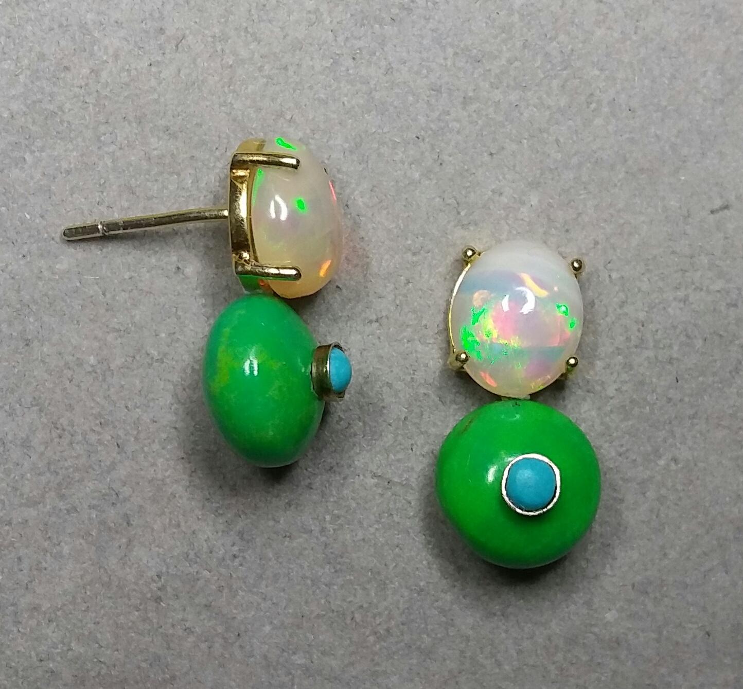 Solid Opal Cabochons Turkmenistan Green Turquoise Blue Turquoise Gold Earrings In Good Condition For Sale In Bangkok, TH