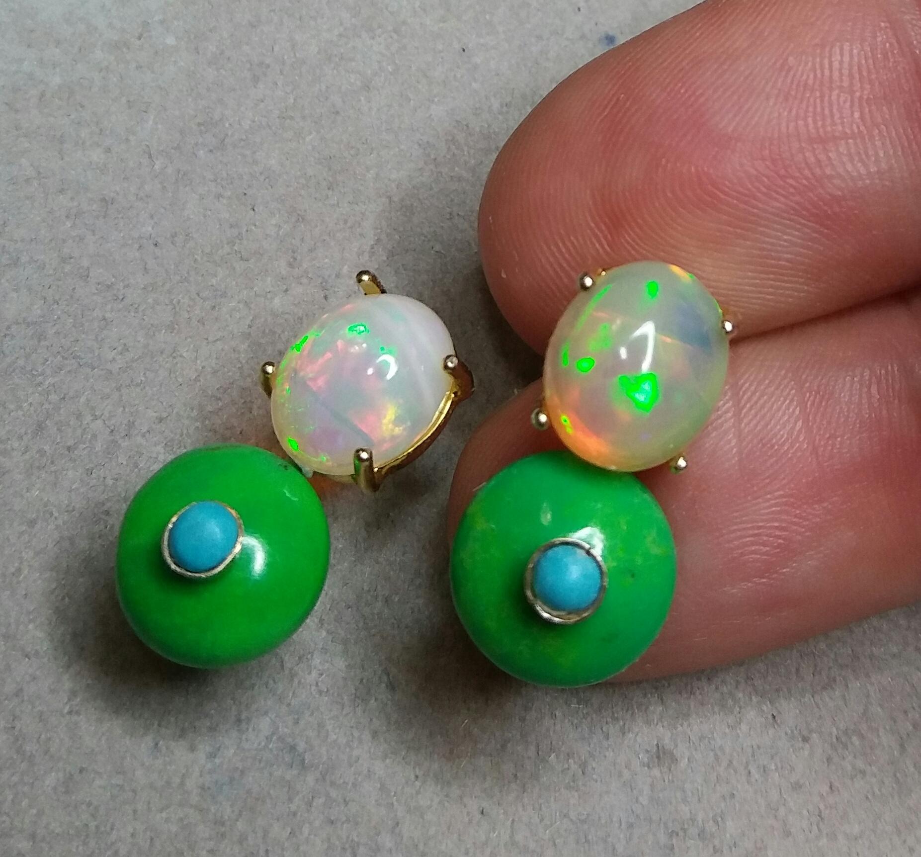 Contemporary Solid Opal Cabochons Turkmenistan Green Turquoise Blue Turquoise Gold Earrings