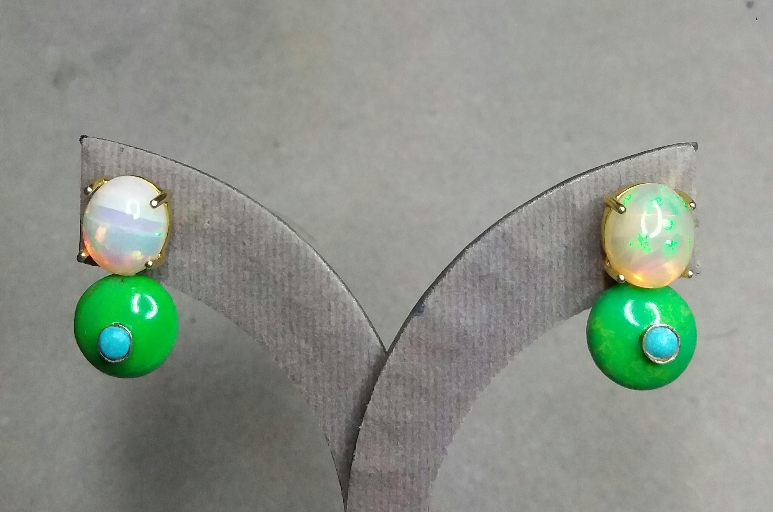 Solid Opal Cabochons Turkmenistan Green Turquoise Blue Turquoise Gold Earrings For Sale 4