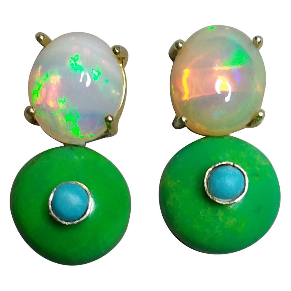 Solid Opal Cabochons Turkmenistan Green Turquoise Blue Turquoise Gold Earrings For Sale