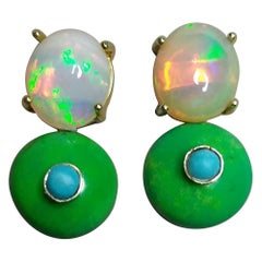 Solid Opal Cabochons Turkmenistan Green Turquoise Blue Turquoise Gold Earrings