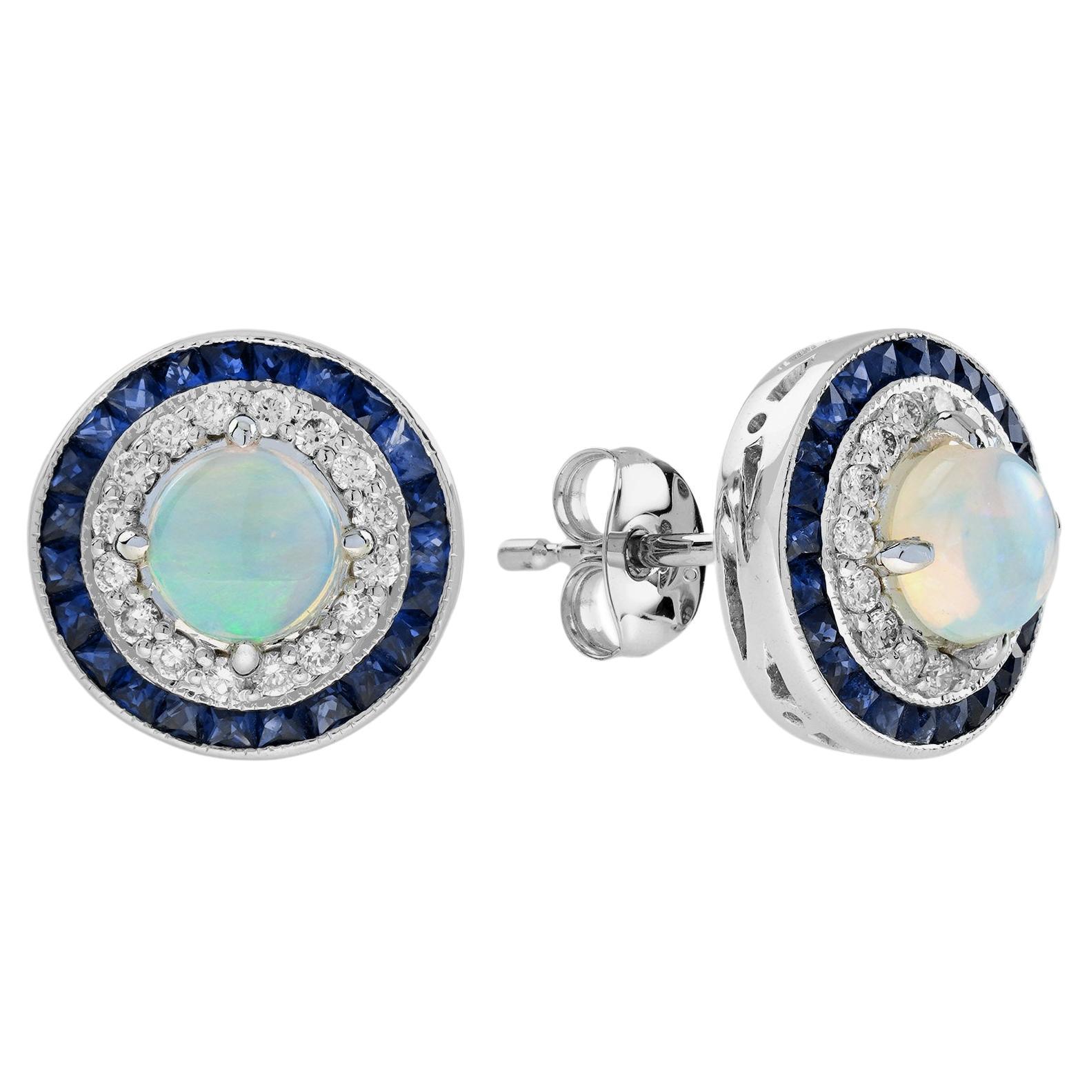 Solid Opal Diamond Sapphire Double Halo Stud Earrings in 18K White Gold