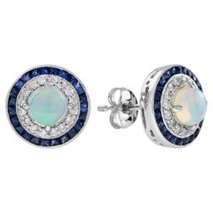 Pendientes de oro blanco de 18 quilates con doble halo de ópalo macizo, diamante y zafiro