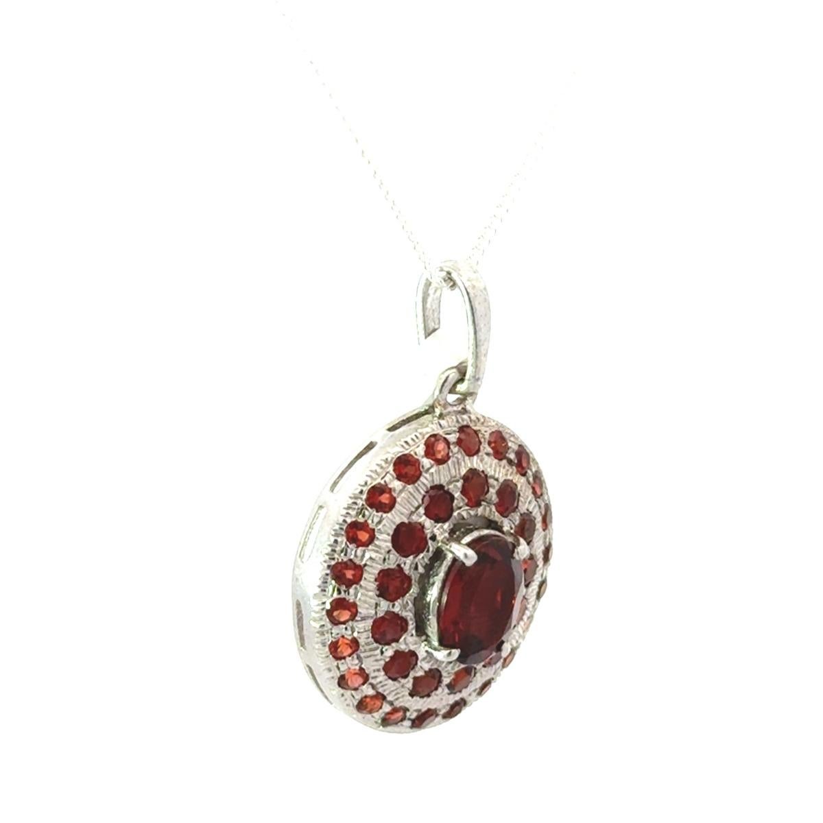Art Deco Solid Oval Cut Handmade Garnet Pave Set Silver Pendant Necklace for Mom For Sale