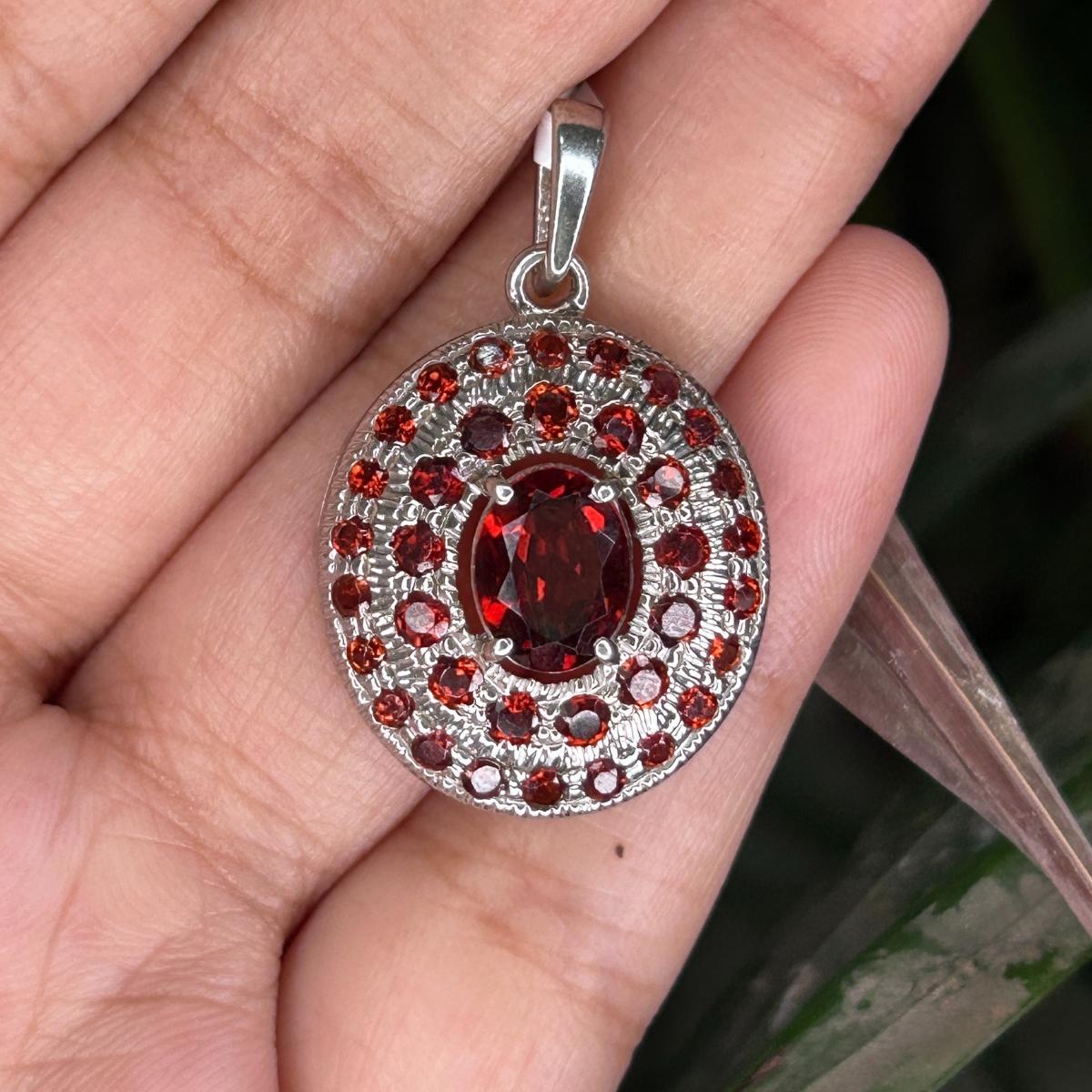 Mixed Cut Solid Oval Cut Handmade Garnet Pave Set Silver Pendant Necklace for Mom For Sale