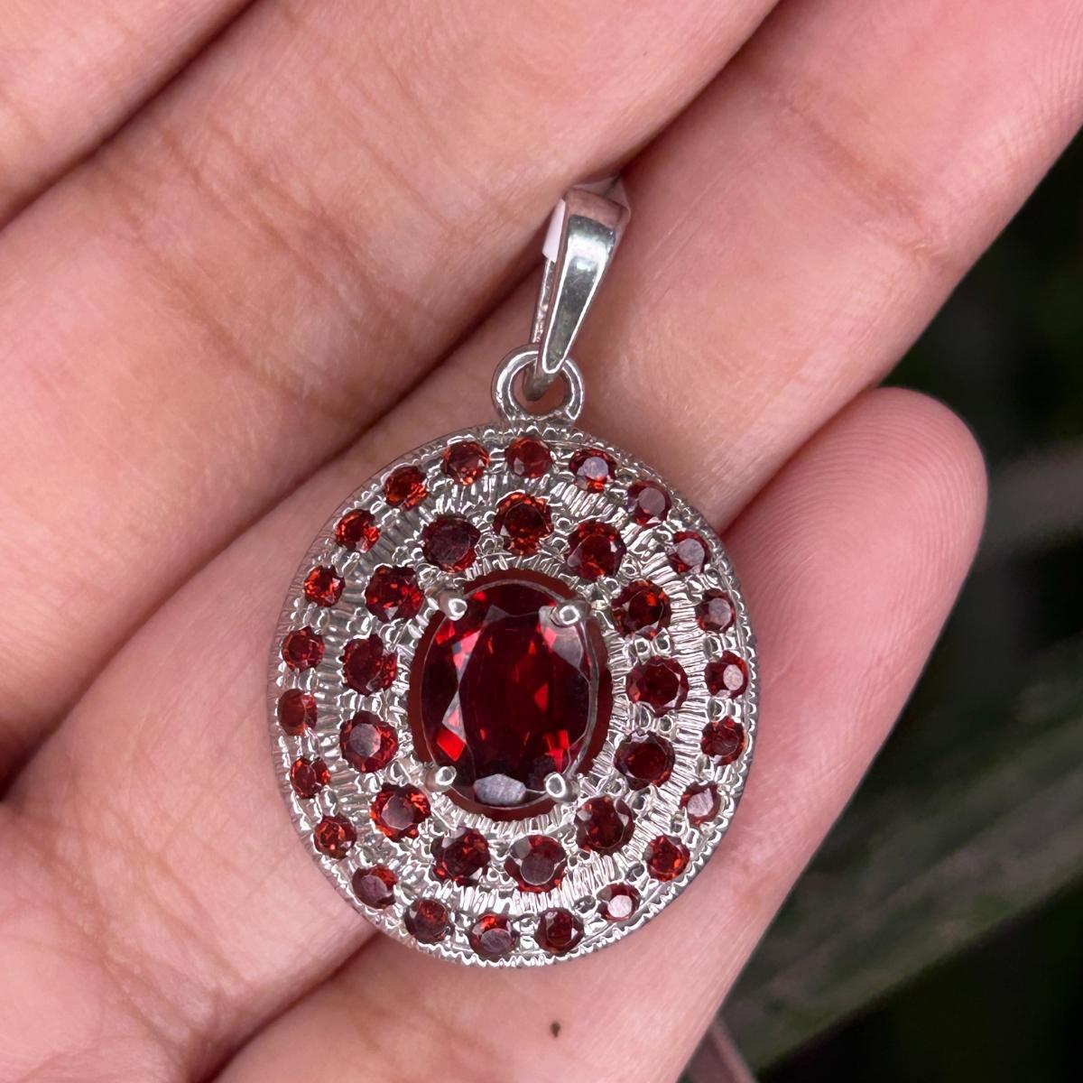 Solid Oval Cut Handmade Garnet Pave Set Silver Pendant Necklace for Mom For Sale 1
