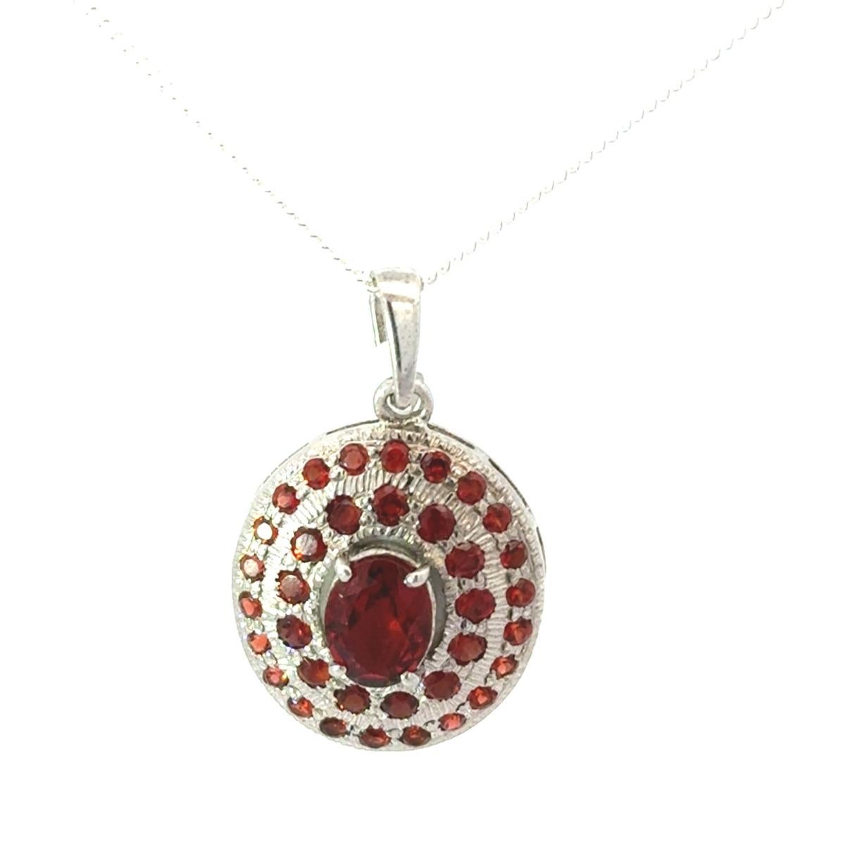 Solid Oval Cut Handmade Garnet Pave Set Silver Pendant Necklace for Mom For Sale 2