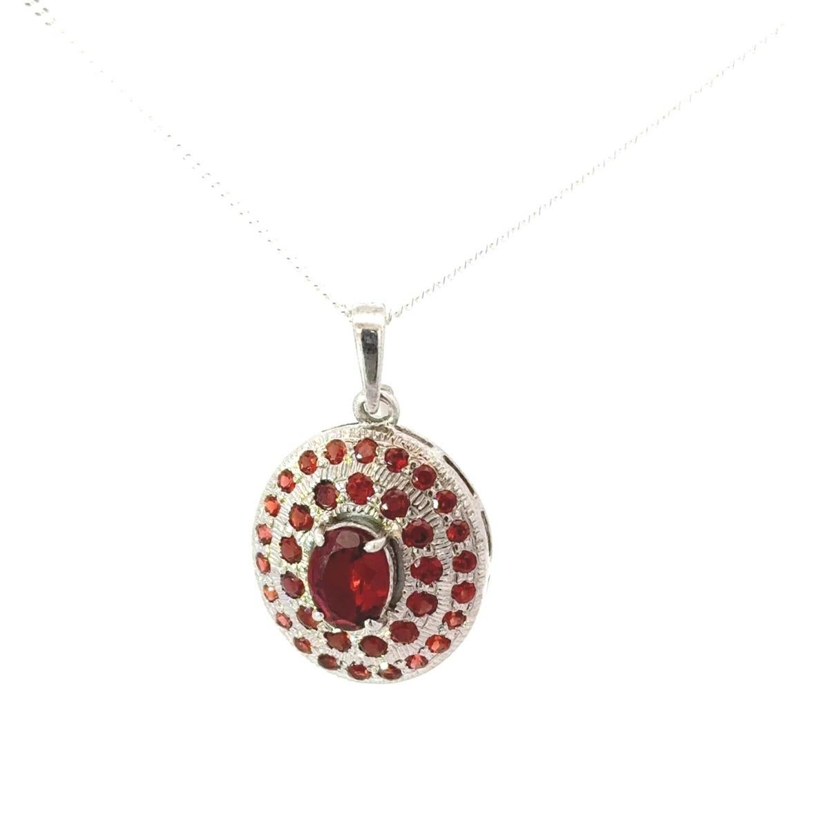 Solid Oval Cut Handmade Garnet Pave Set Silver Pendant Necklace for Mom For Sale 3