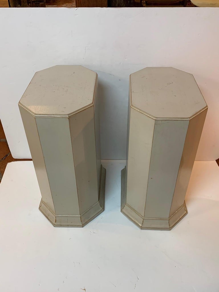Solid Pair of Neoclassical Octagonal Gray Painted Pedestals For Sale at