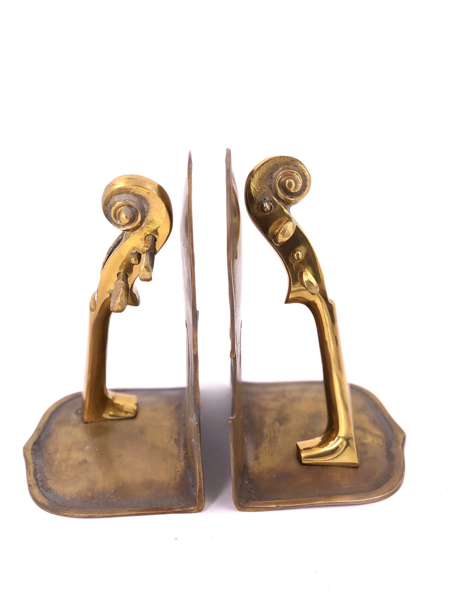 American Classical Solid Pair of Polished Patinated Brass Cello Bookends For Sale