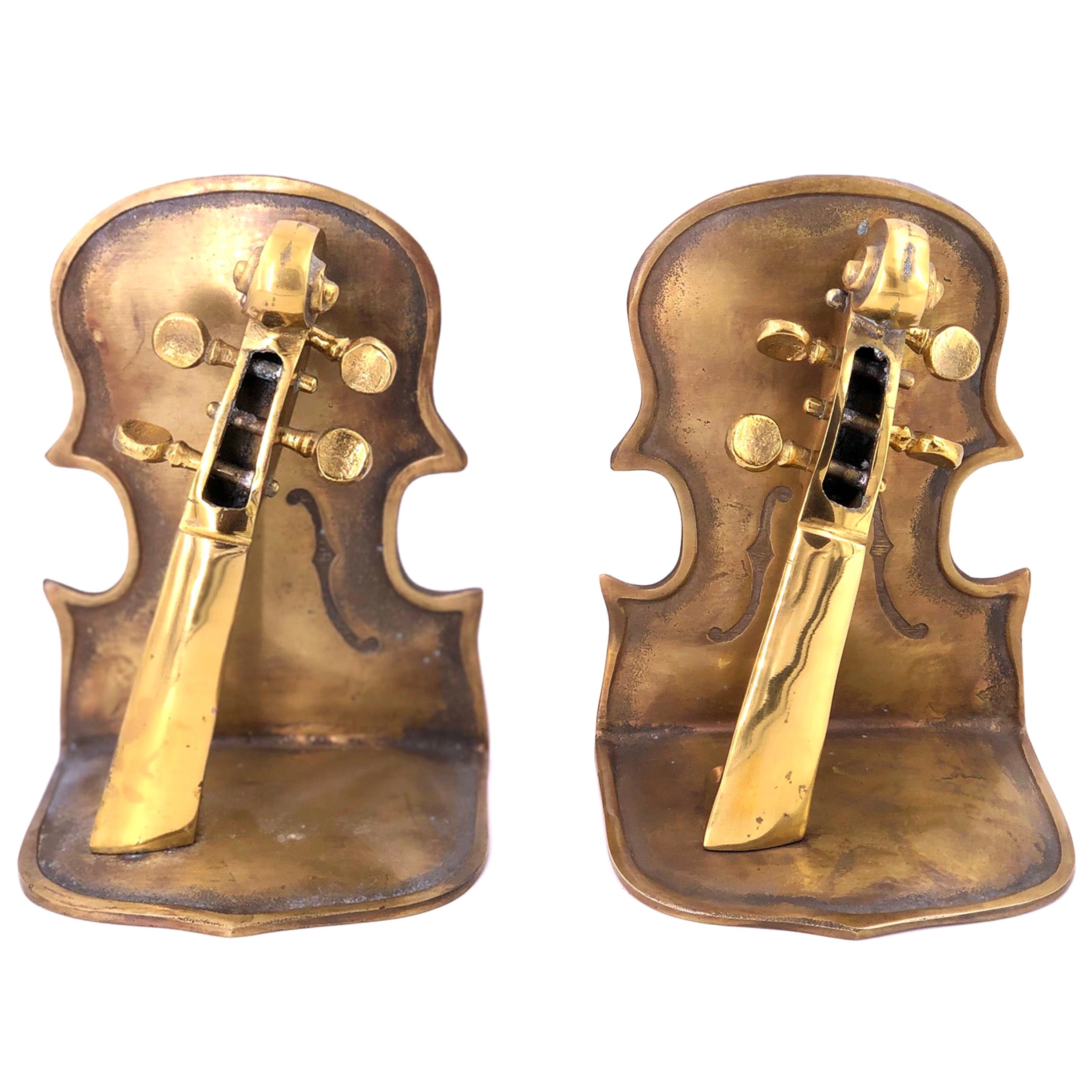 Solid Pair of Polished Patinated Brass Cello Bookends